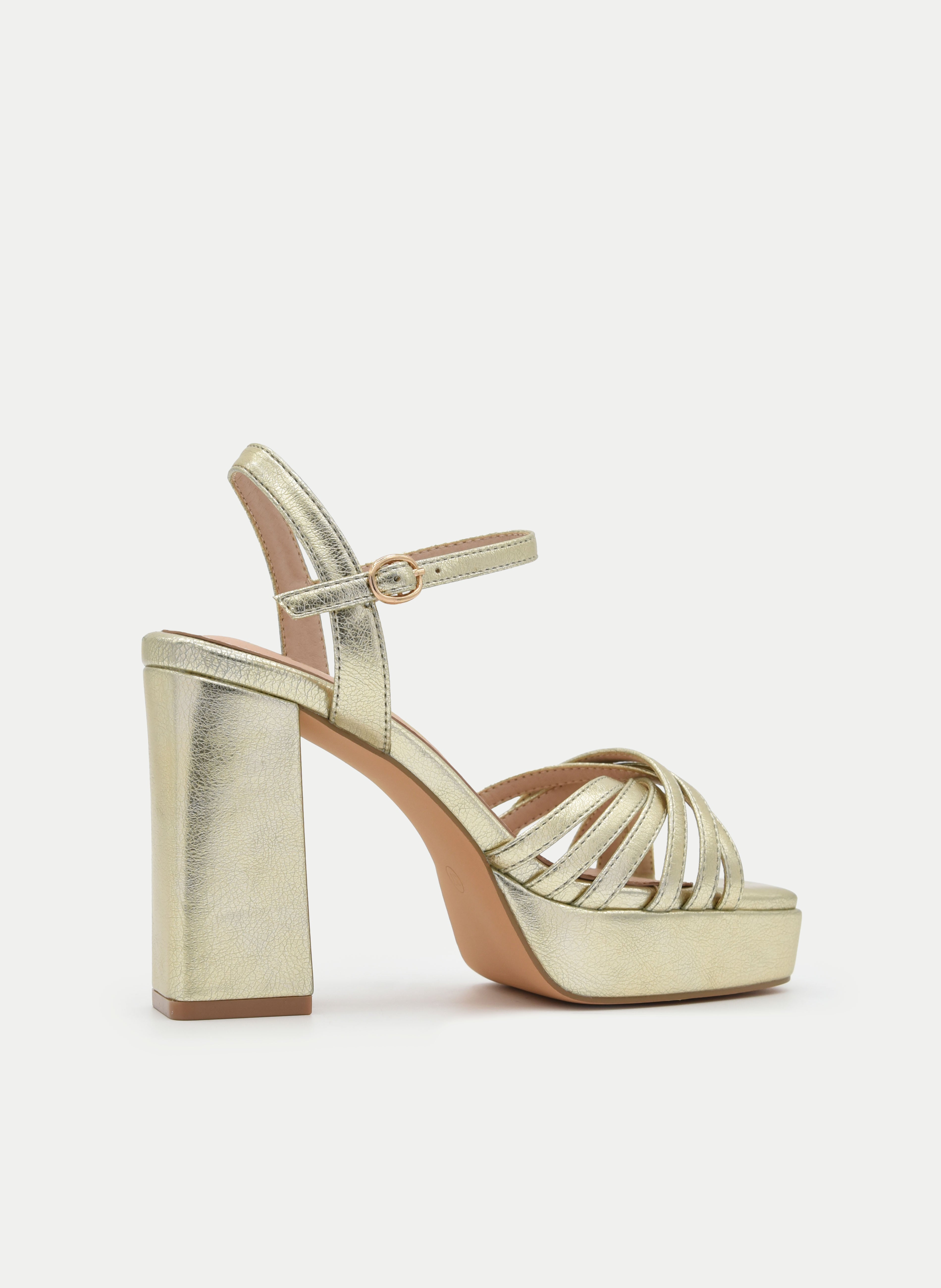 GOLD METALLIC BLOCK HEEL PLATFORM SANDAL WITH THIN STRAPS