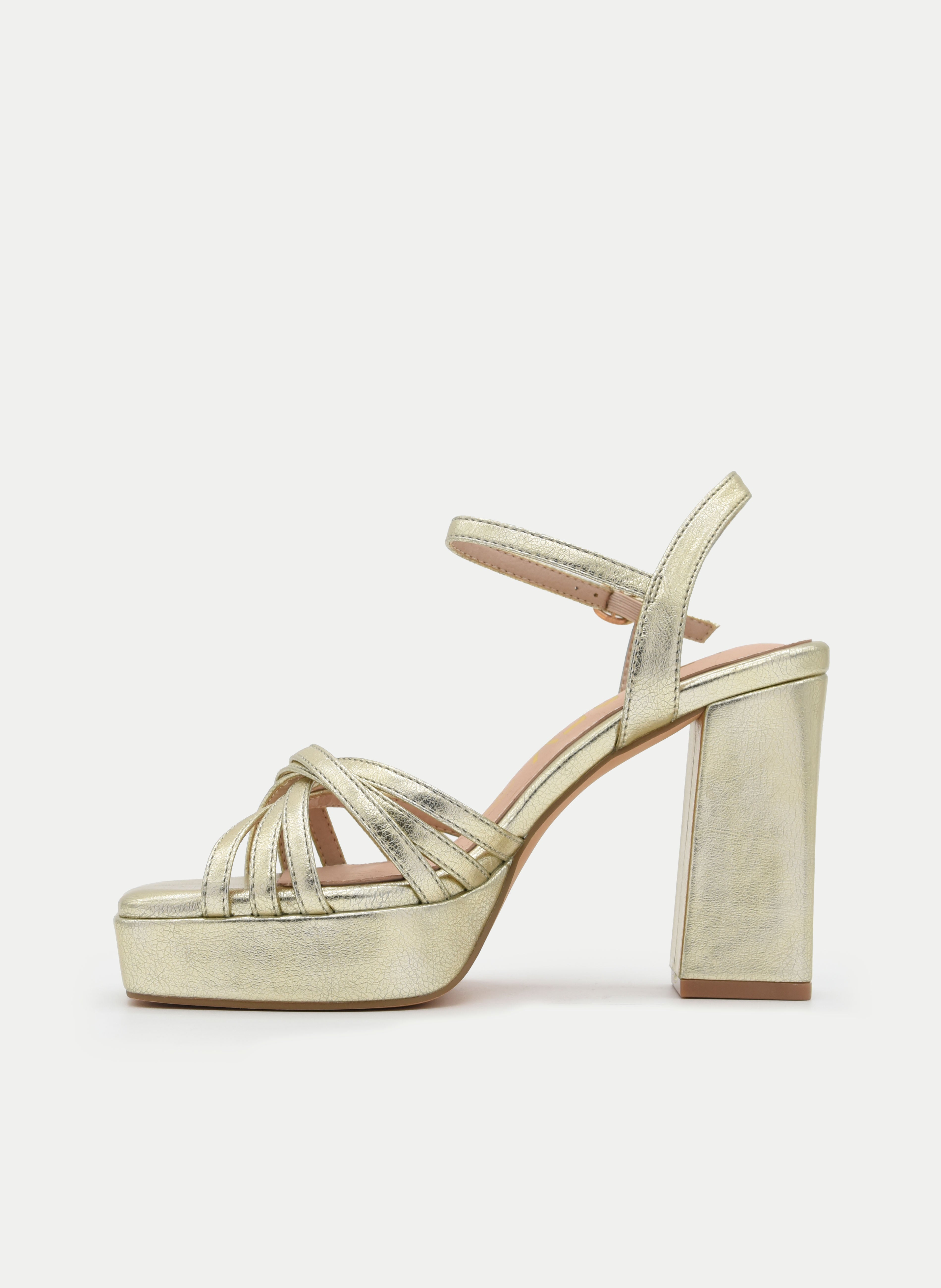 GOLD METALLIC BLOCK HEEL PLATFORM SANDAL WITH THIN STRAPS