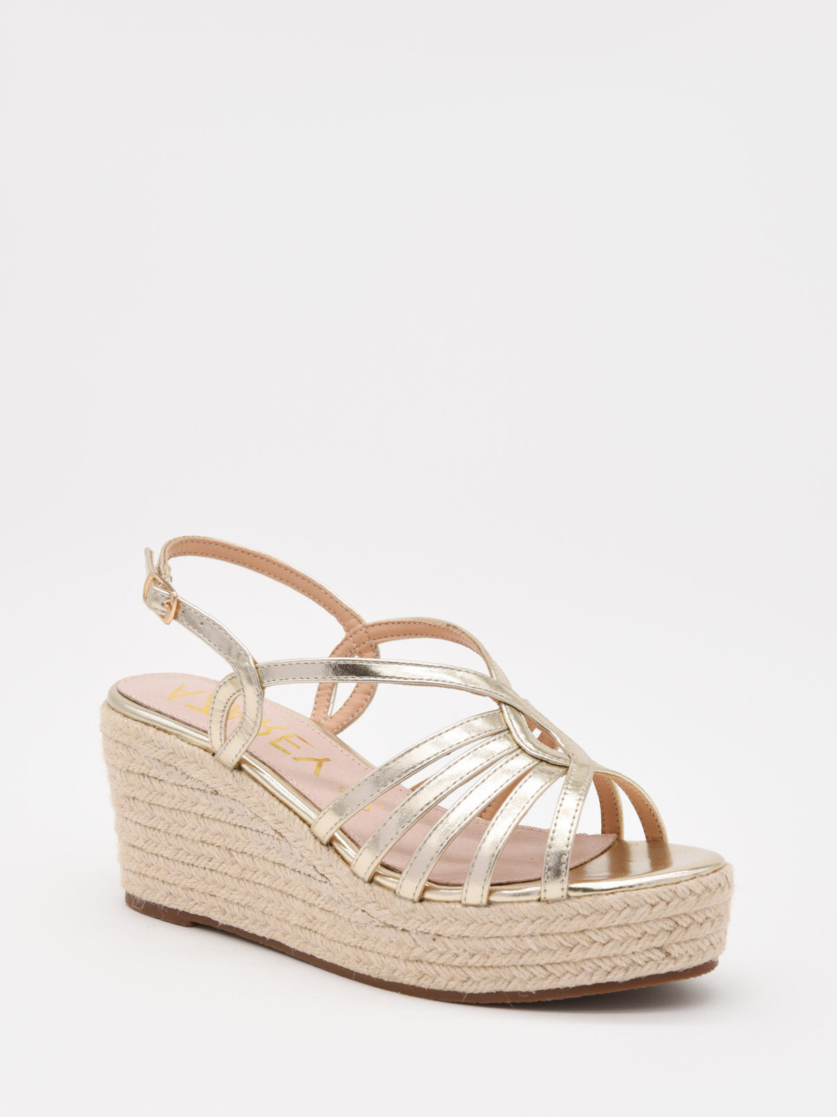 Metallic gold espadrille wedges with crossover straps