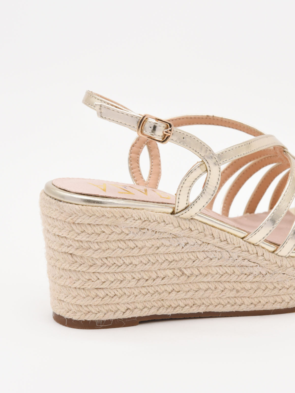 Metallic gold espadrille wedges with crossover straps