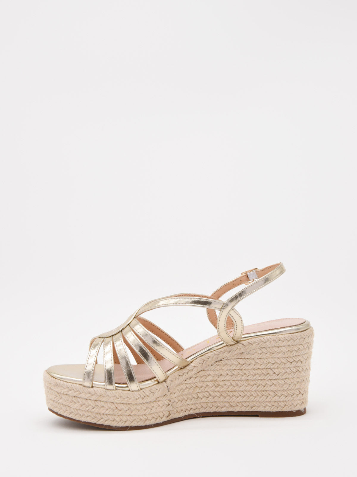 Metallic gold espadrille wedges with crossover straps