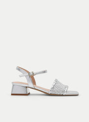 SILVER MEDIUM HEEL SANDALS WITH BRAIDED STRAP