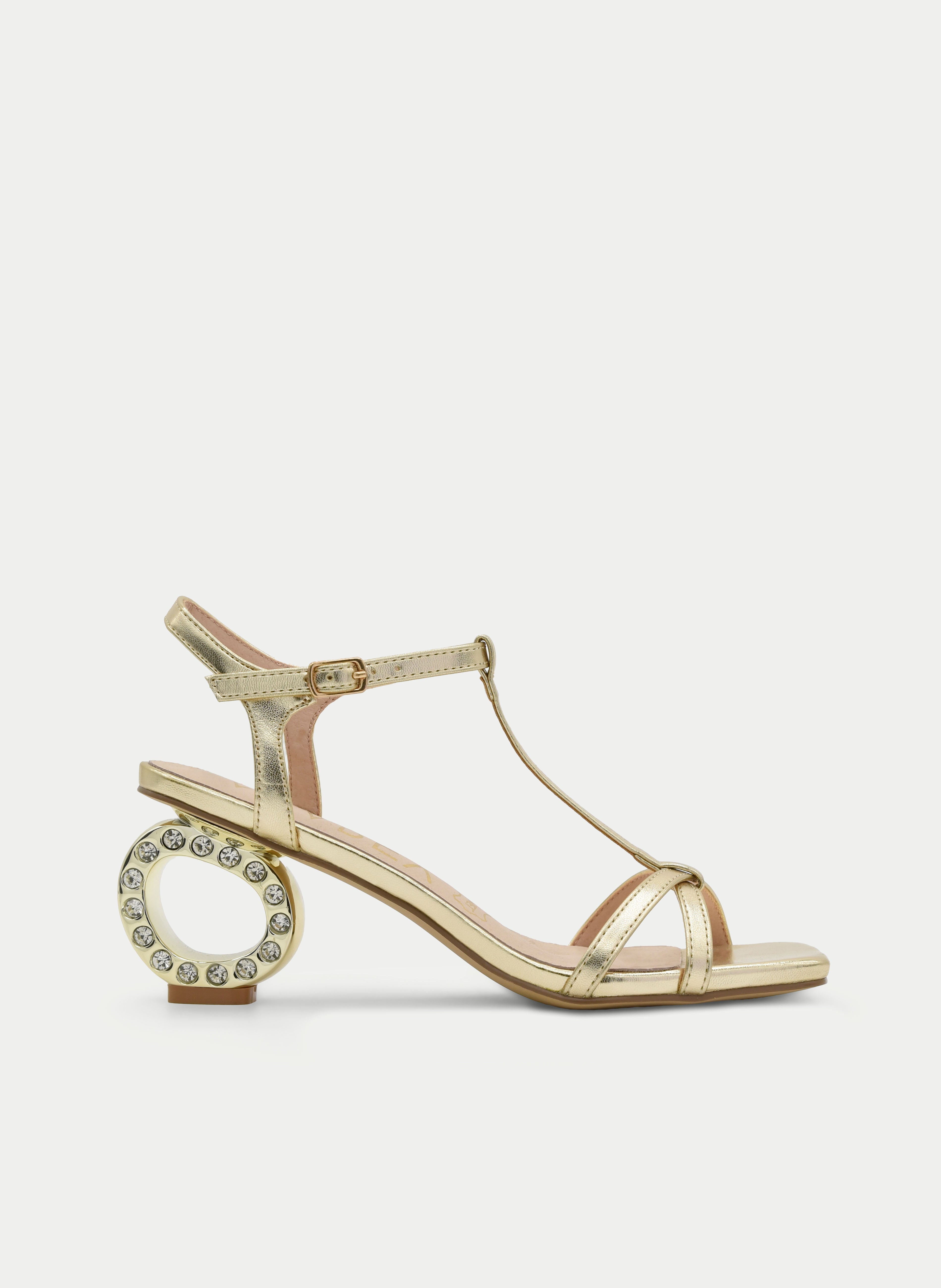 Low-heeled gold sandals with crystal detail