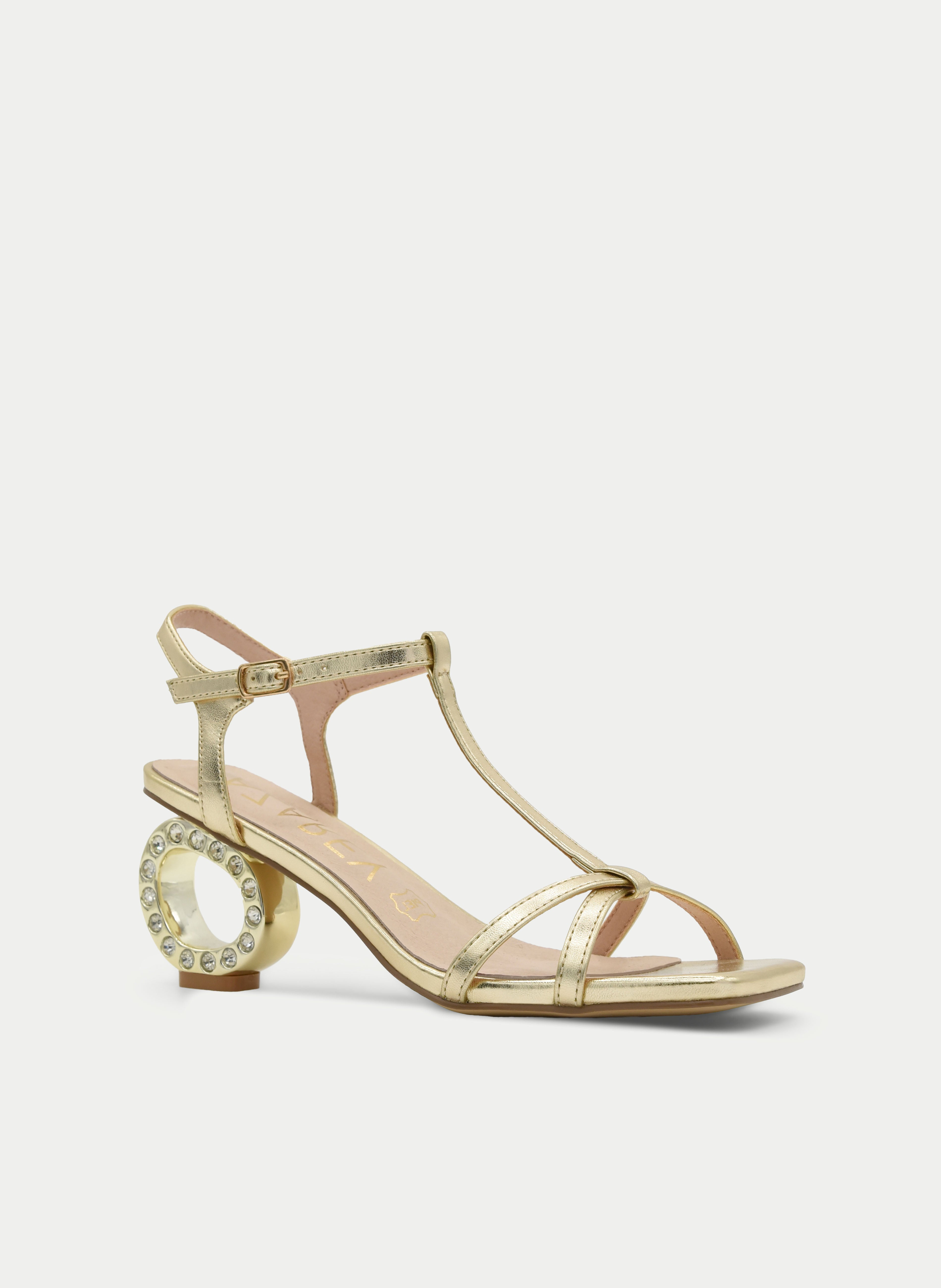 Low-heeled gold sandals with crystal detail