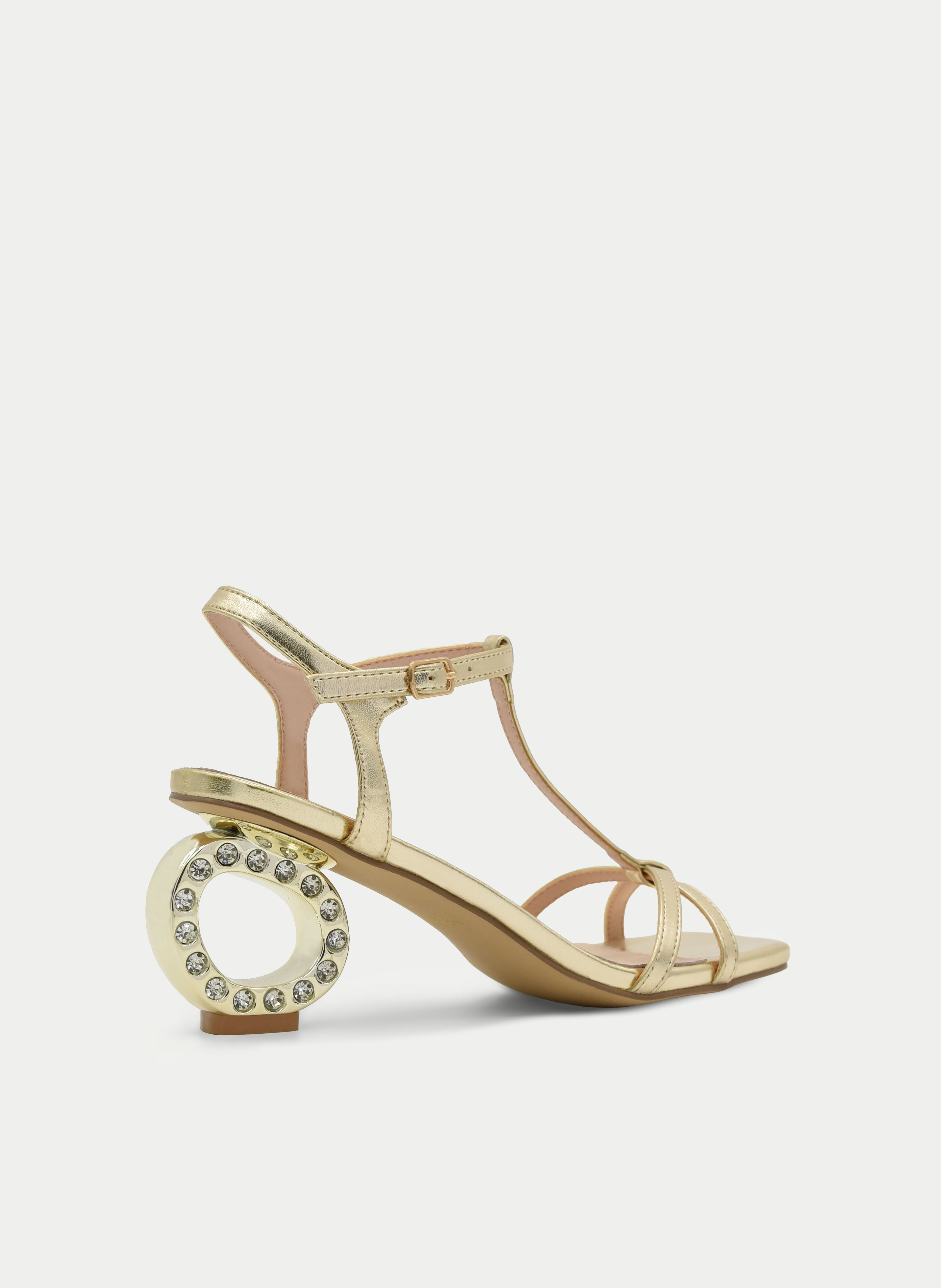 Low-heeled gold sandals with crystal detail
