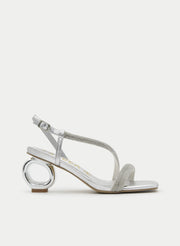 SILVER SANDAL WITH CIRCULAR RHINESTONE JEWEL HEEL