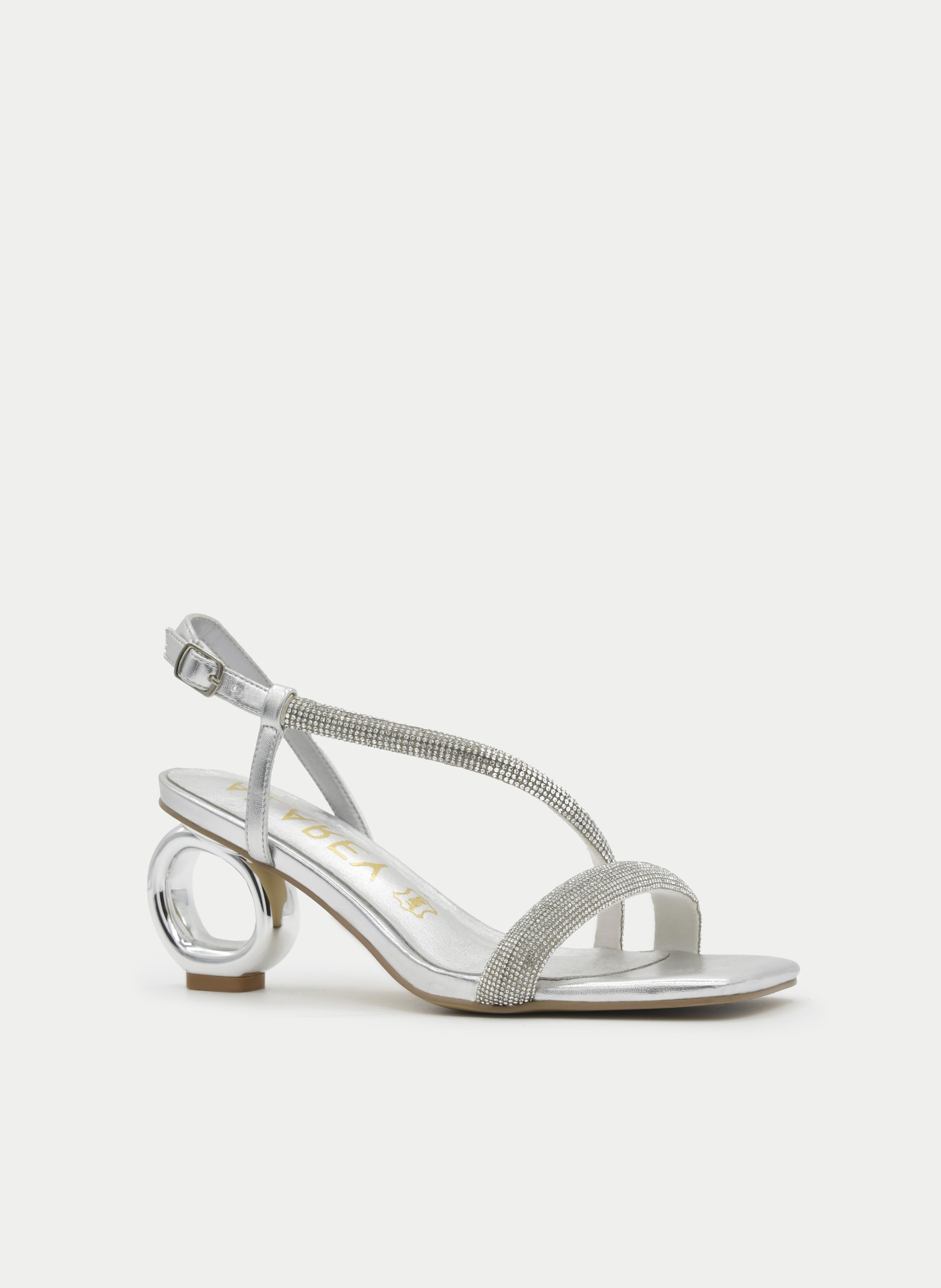 SILVER SANDAL WITH CIRCULAR RHINESTONE JEWEL HEEL