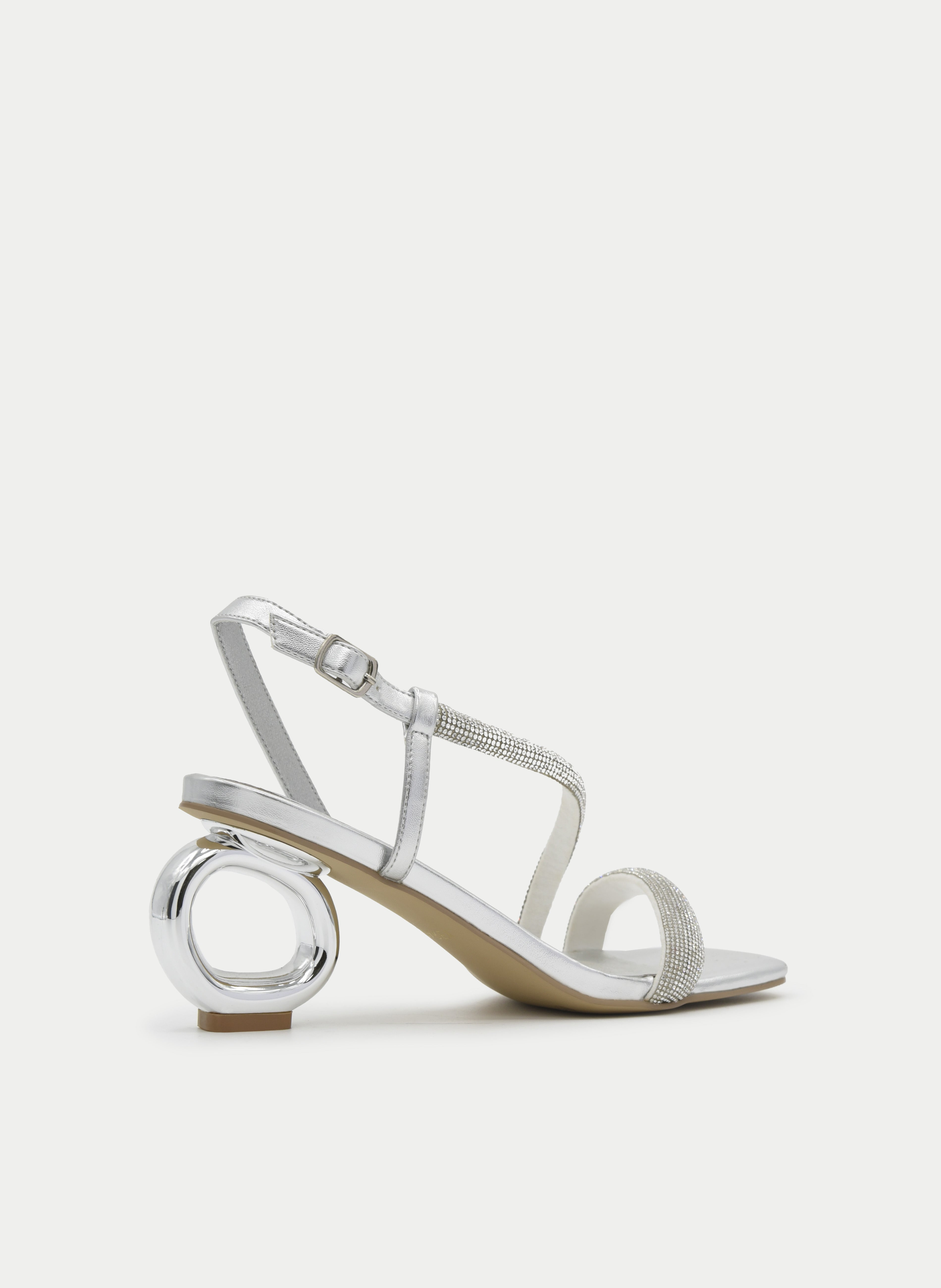 SILVER SANDAL WITH CIRCULAR RHINESTONE JEWEL HEEL