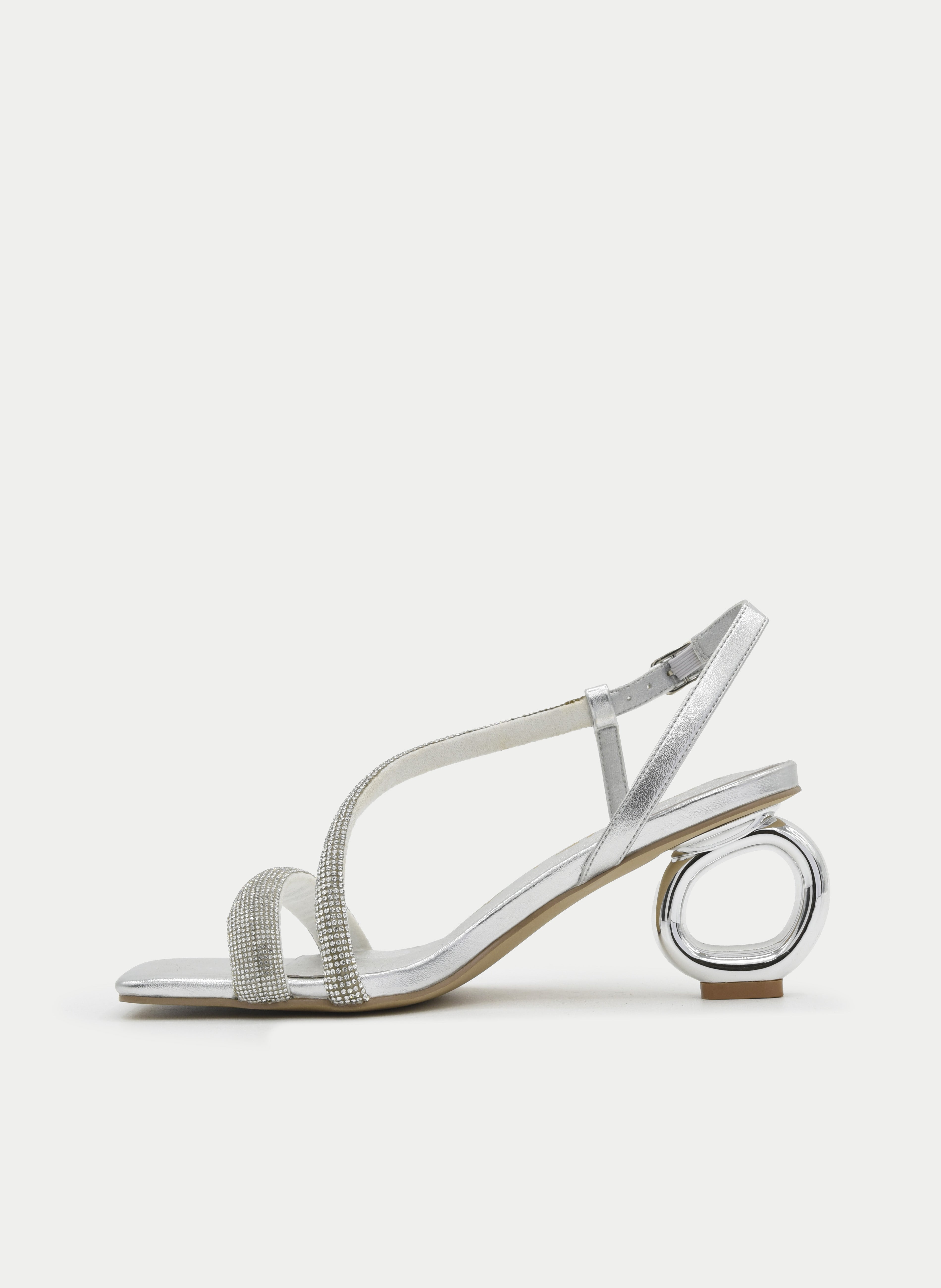 SILVER SANDAL WITH CIRCULAR RHINESTONE JEWEL HEEL