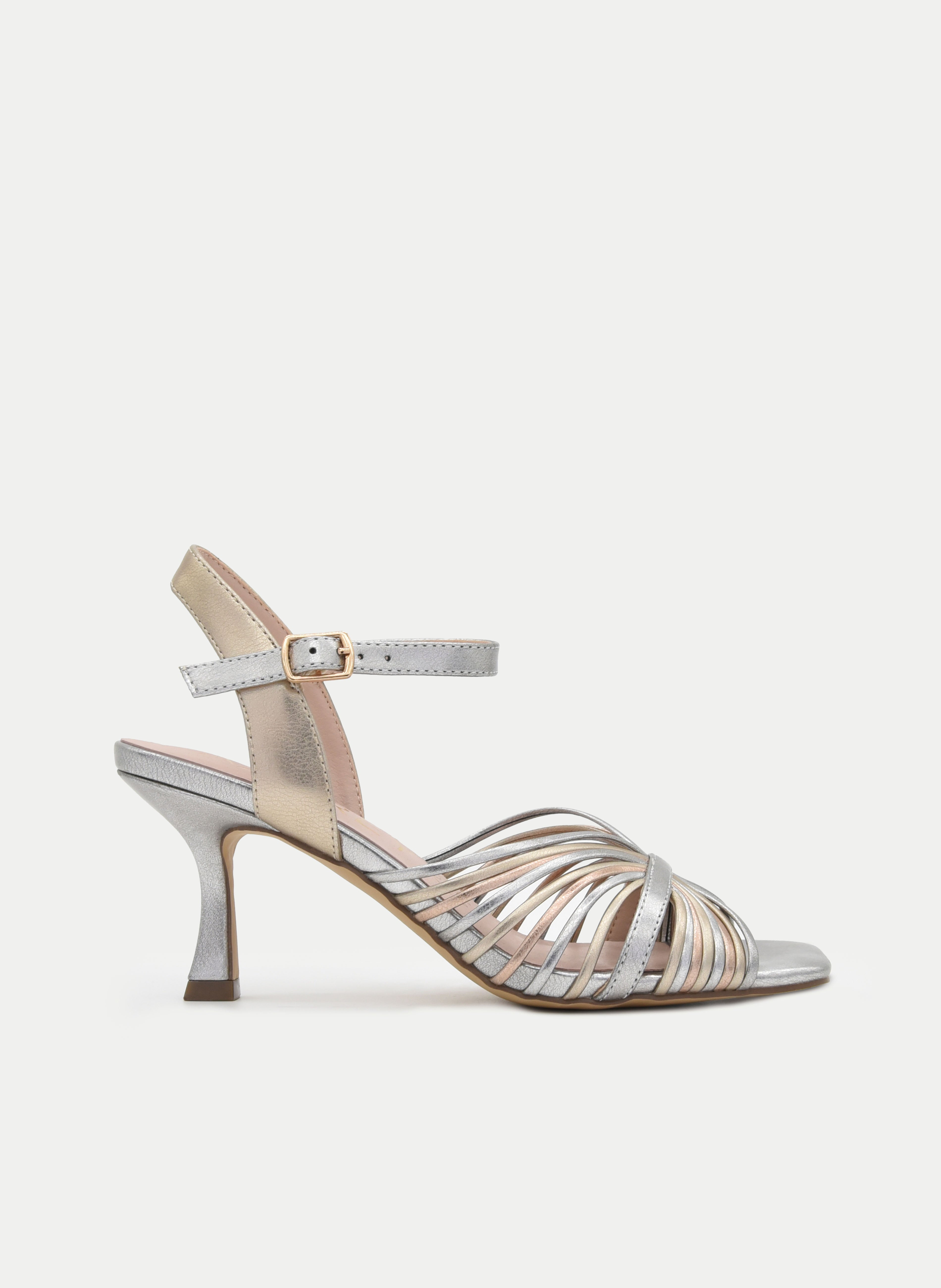 SANDALIA PLATA MULTICOLOR TACÓN FINO