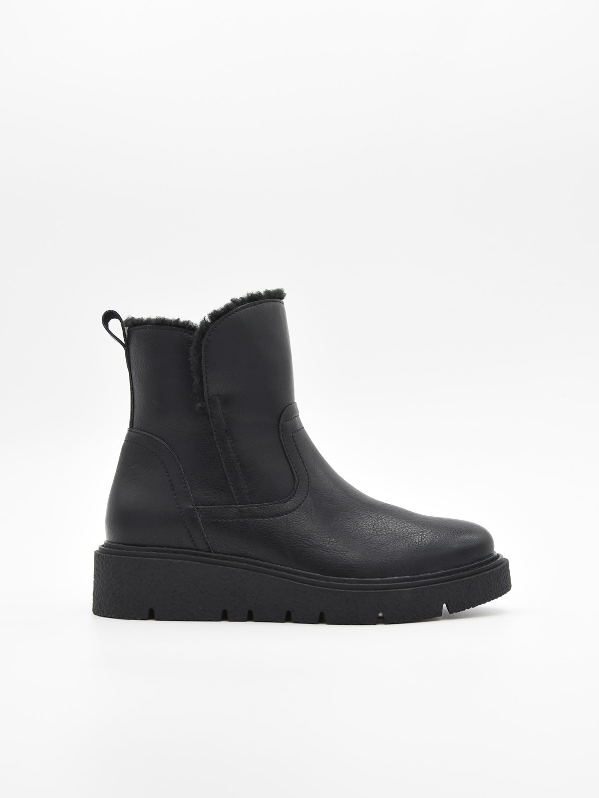 Flat black leather ankle boot
