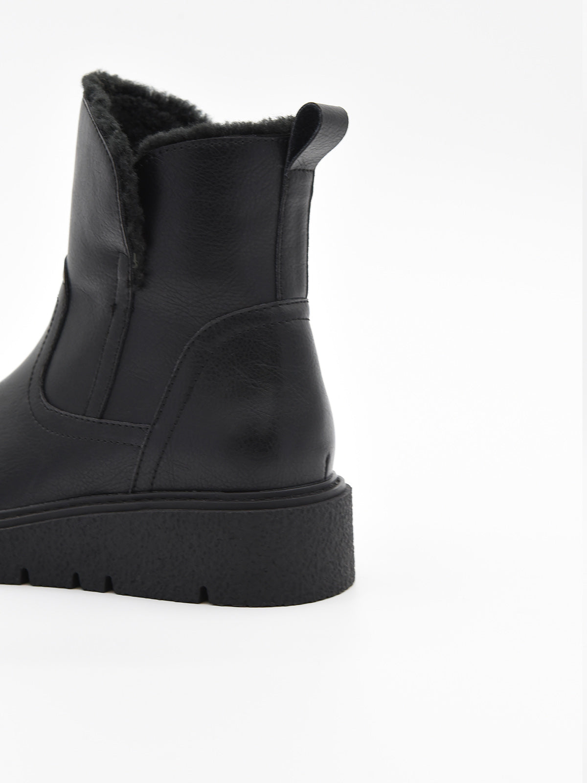 Flat black leather ankle boot