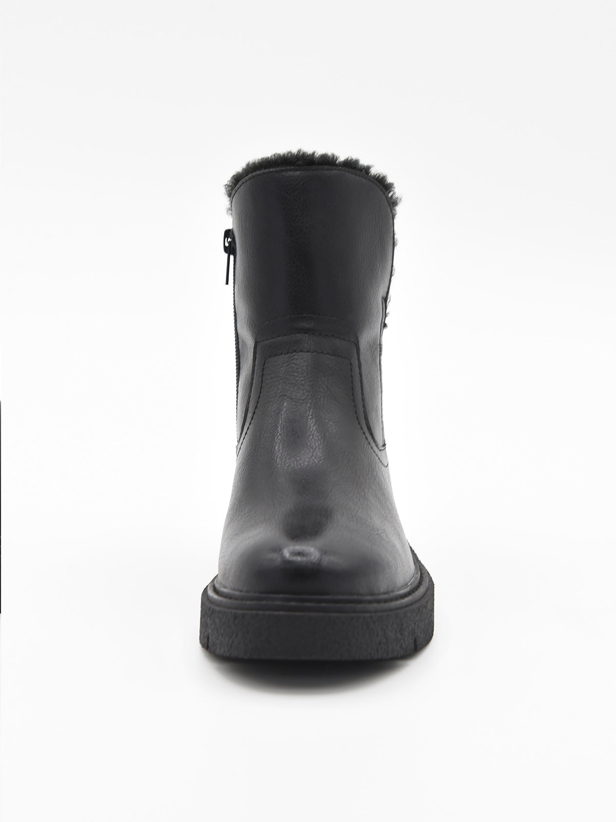 Flat black leather ankle boot