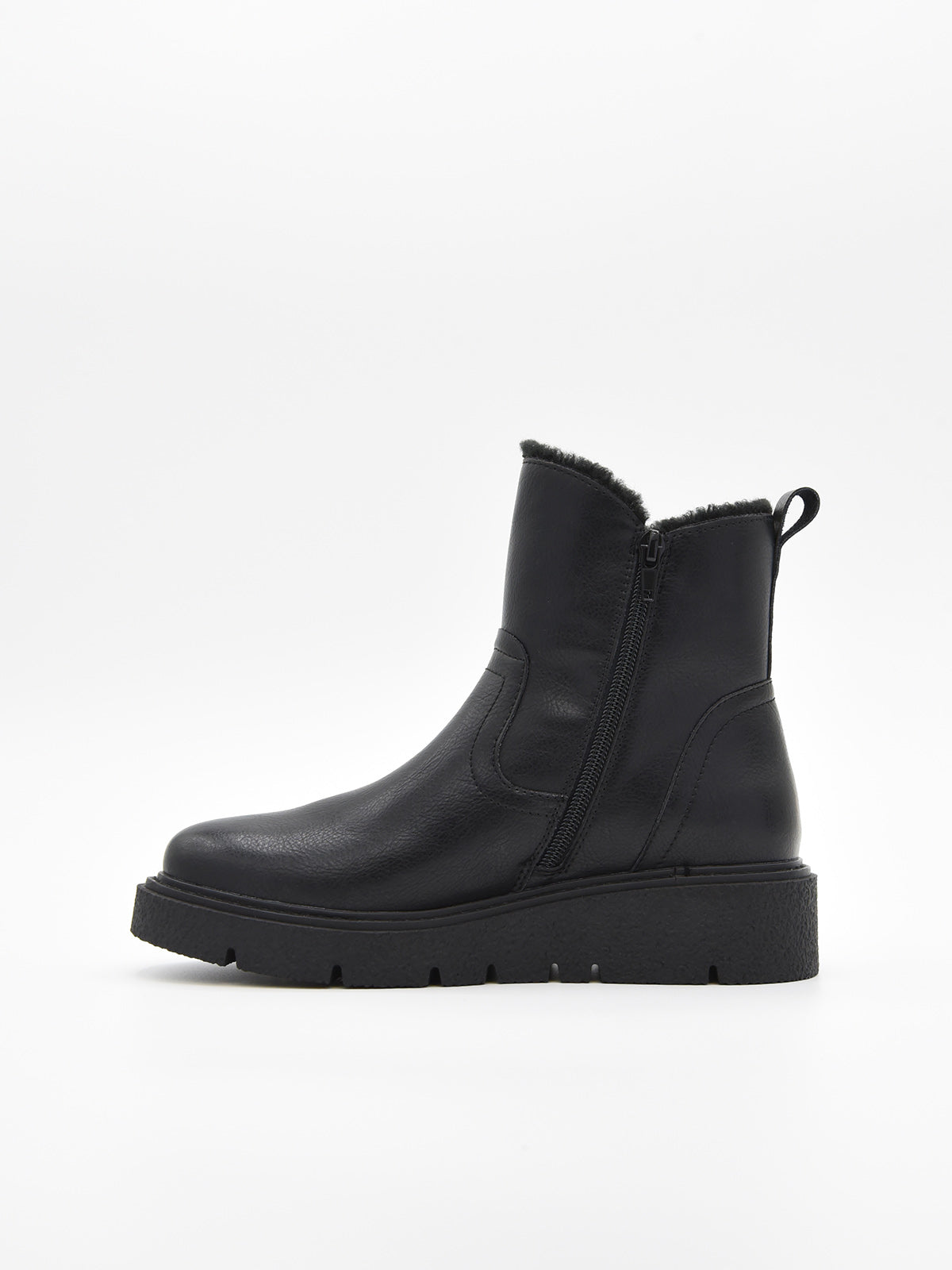 Flat black leather ankle boot
