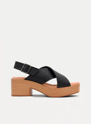 BLACK LEATHER BLOCK HEEL SANDALS