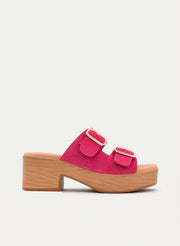 FUCHSIA LEATHER SANDAL WITH BLOCK HEEL AND BUCKLES