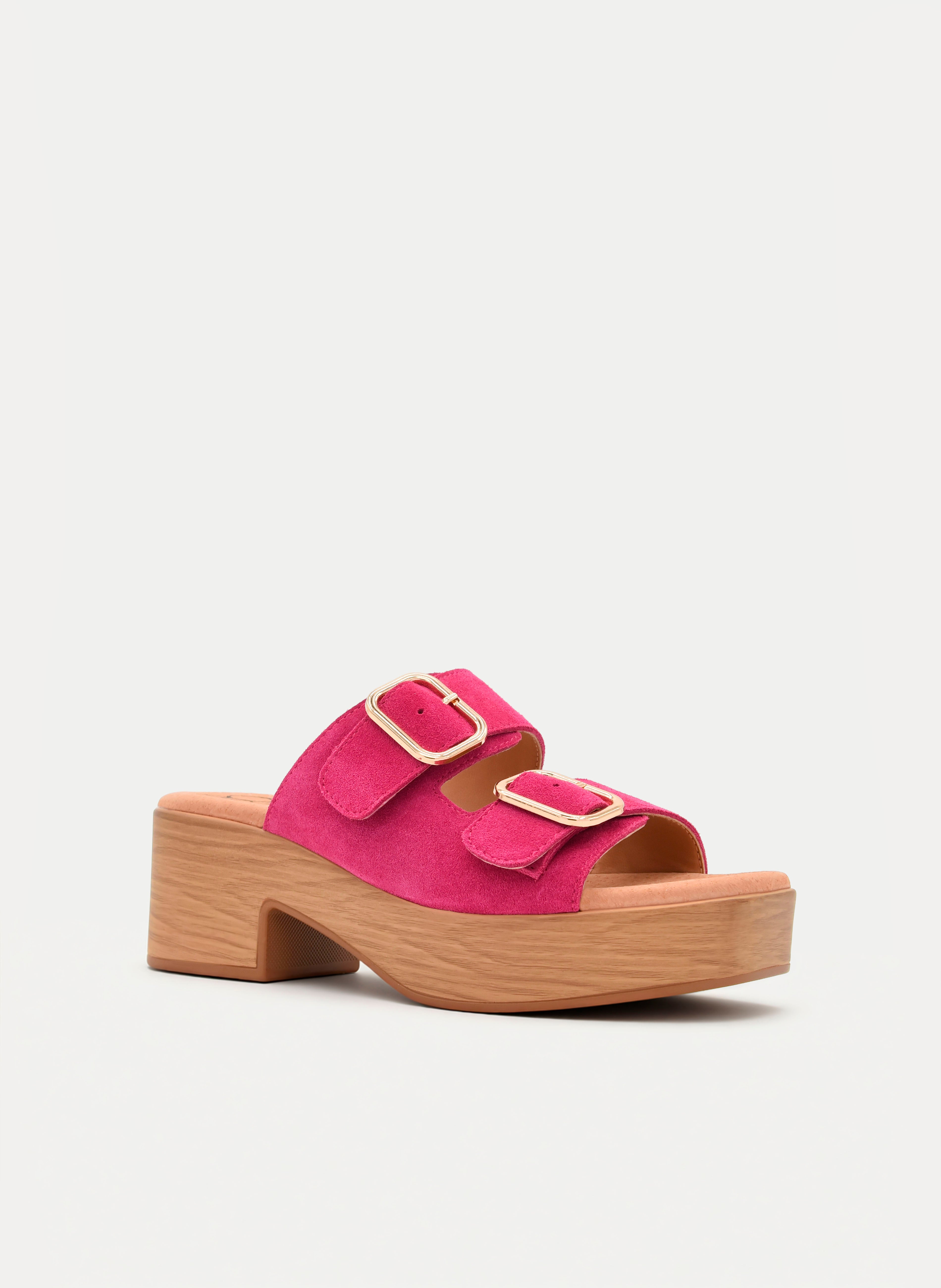 SANDALIA DE PIEL FUCSIA CON TACÓN ANCHO Y HEBILLAS