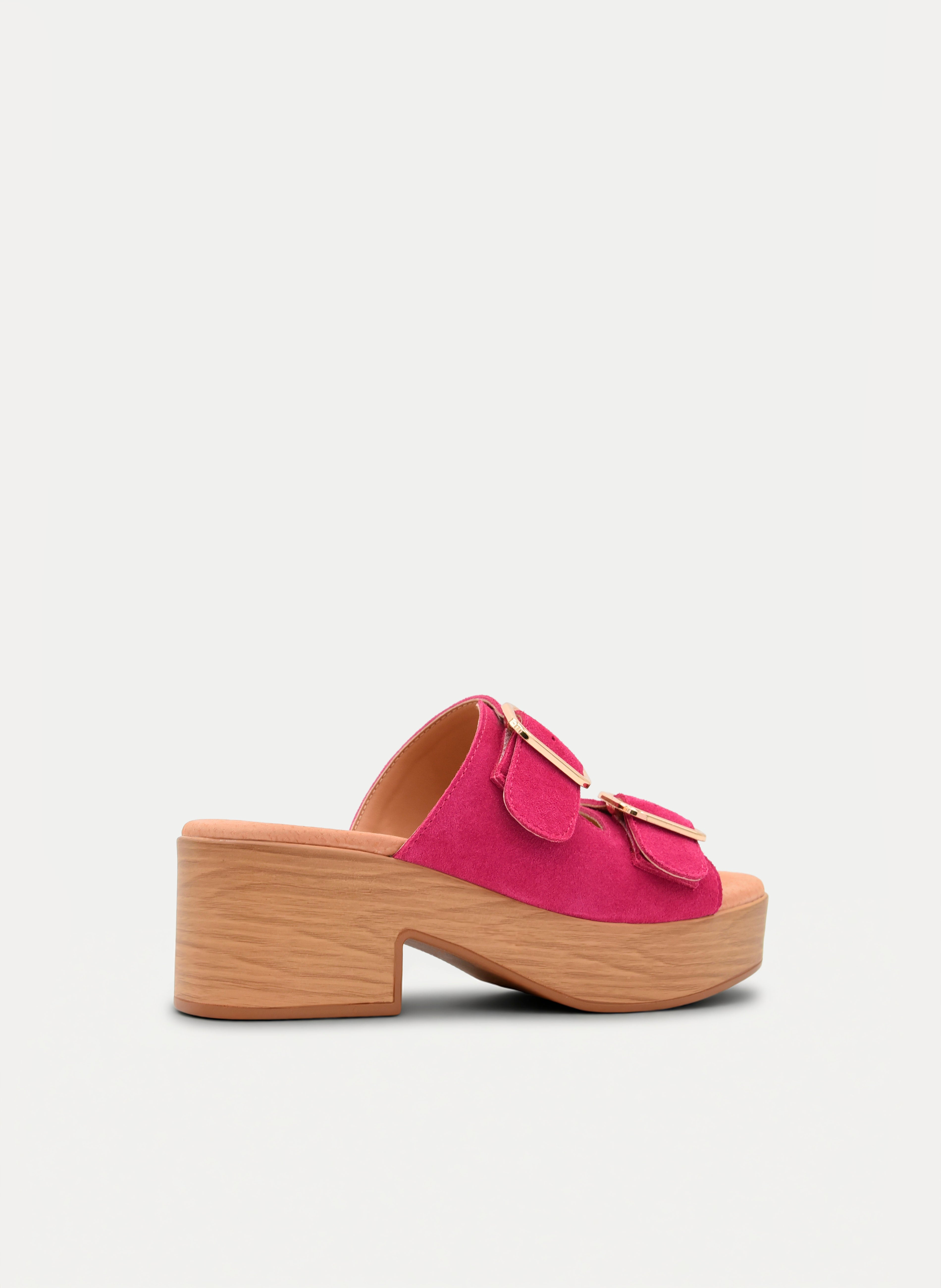SANDALIA DE PIEL FUCSIA CON TACÓN ANCHO Y HEBILLAS