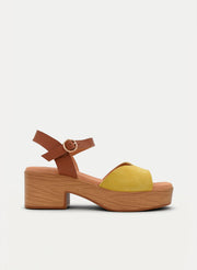 YELLOW LEATHER WIDE-HEELED SANDALS