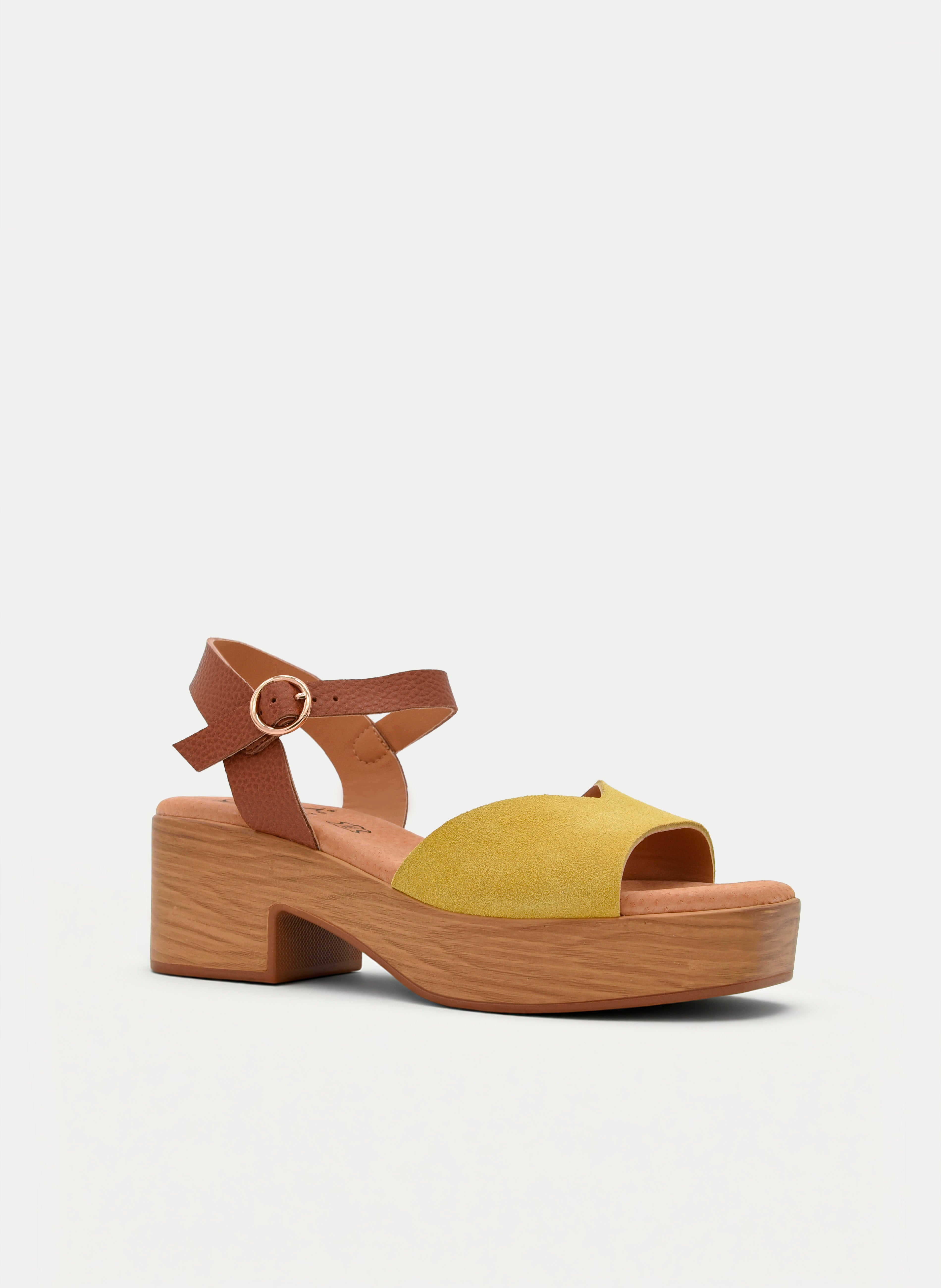 SANDALIAS DE TACÓN ANCHO AMARILLAS Y CUERO DE PIEL
