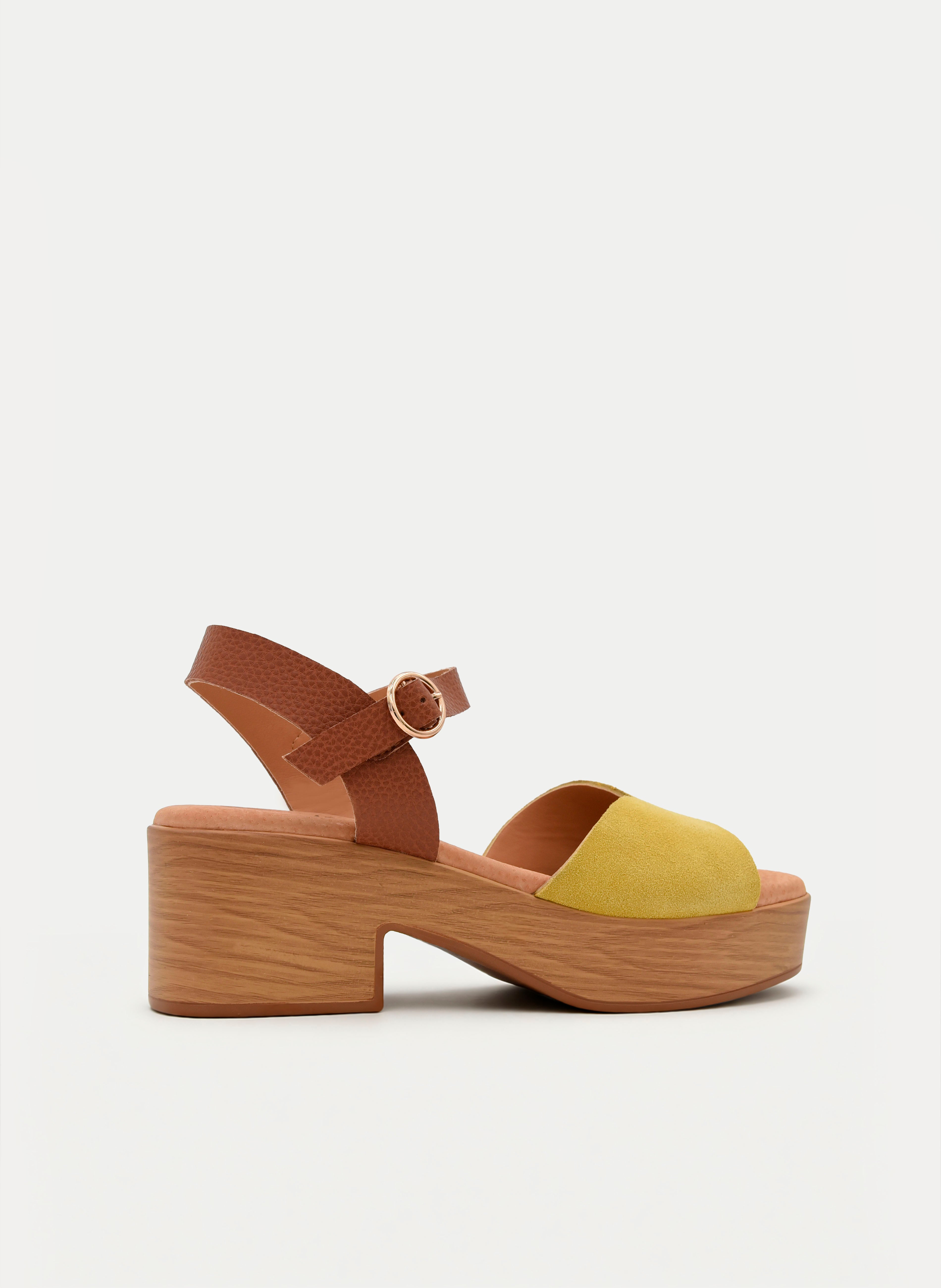 SANDALIAS DE TACÓN ANCHO AMARILLAS Y CUERO DE PIEL