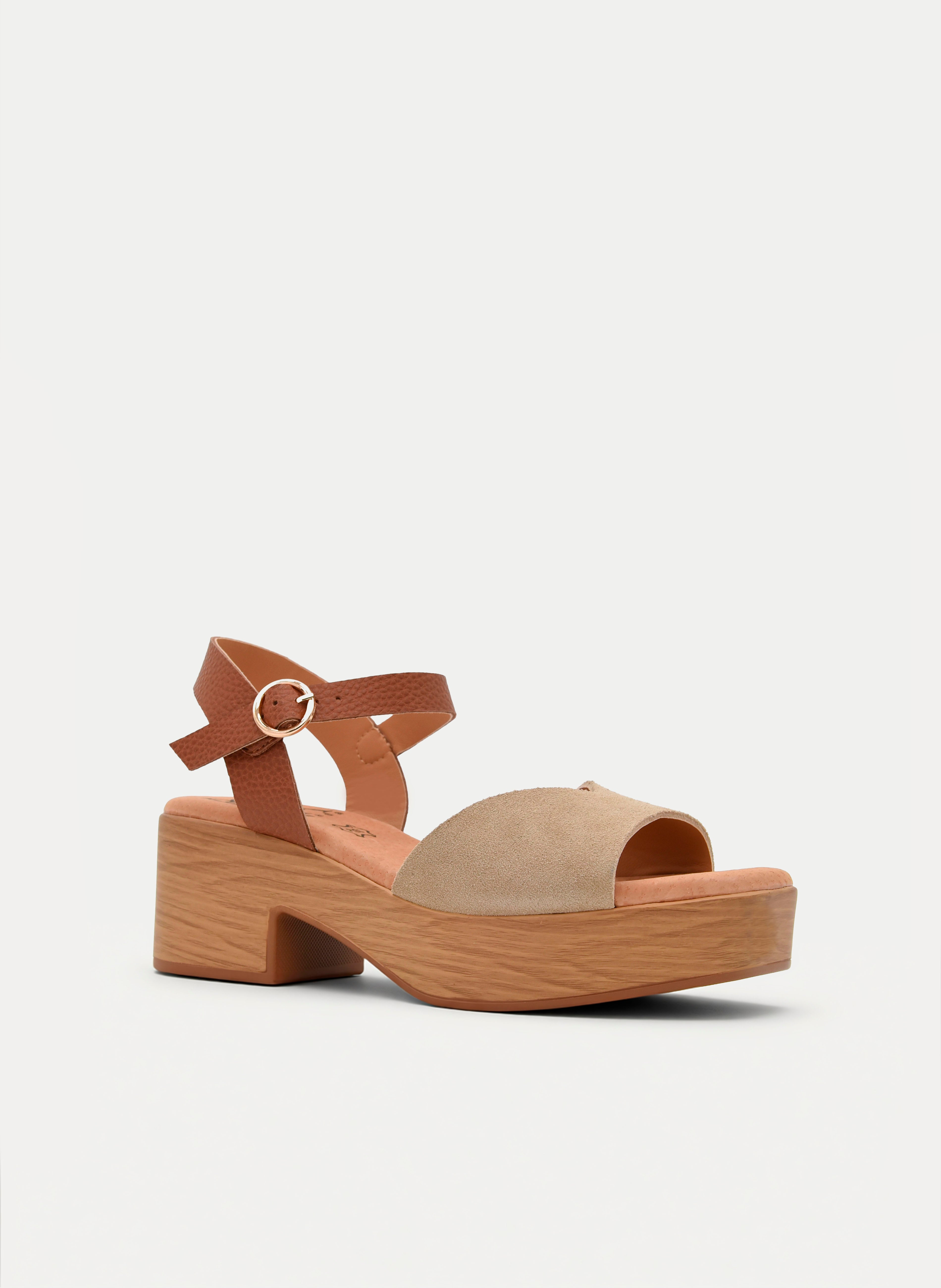 SANDALIAS DE TACÓN ANCHO BEIGE Y CUERO DE PIEL