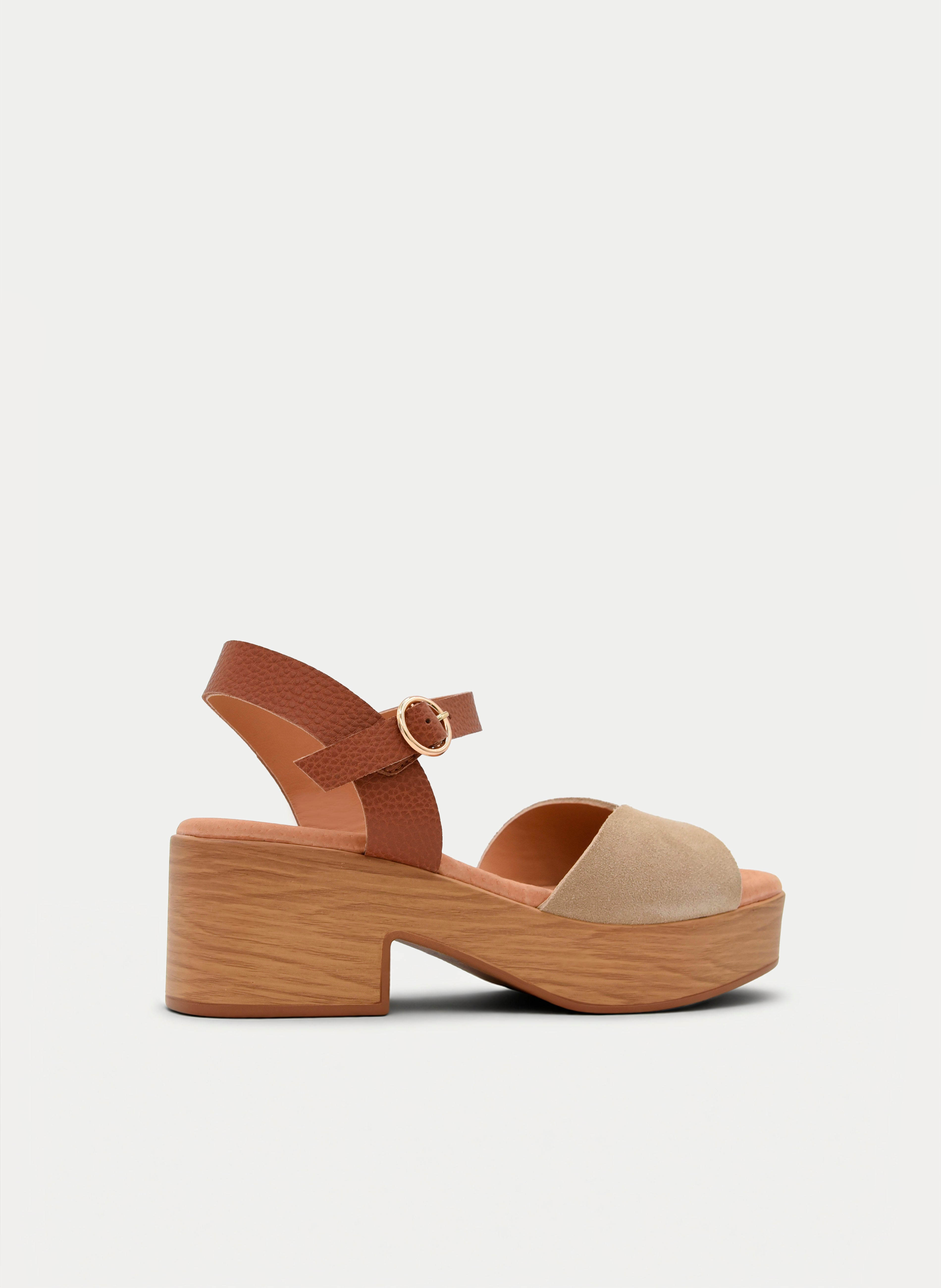 SANDALIAS DE TACÓN ANCHO BEIGE Y CUERO DE PIEL