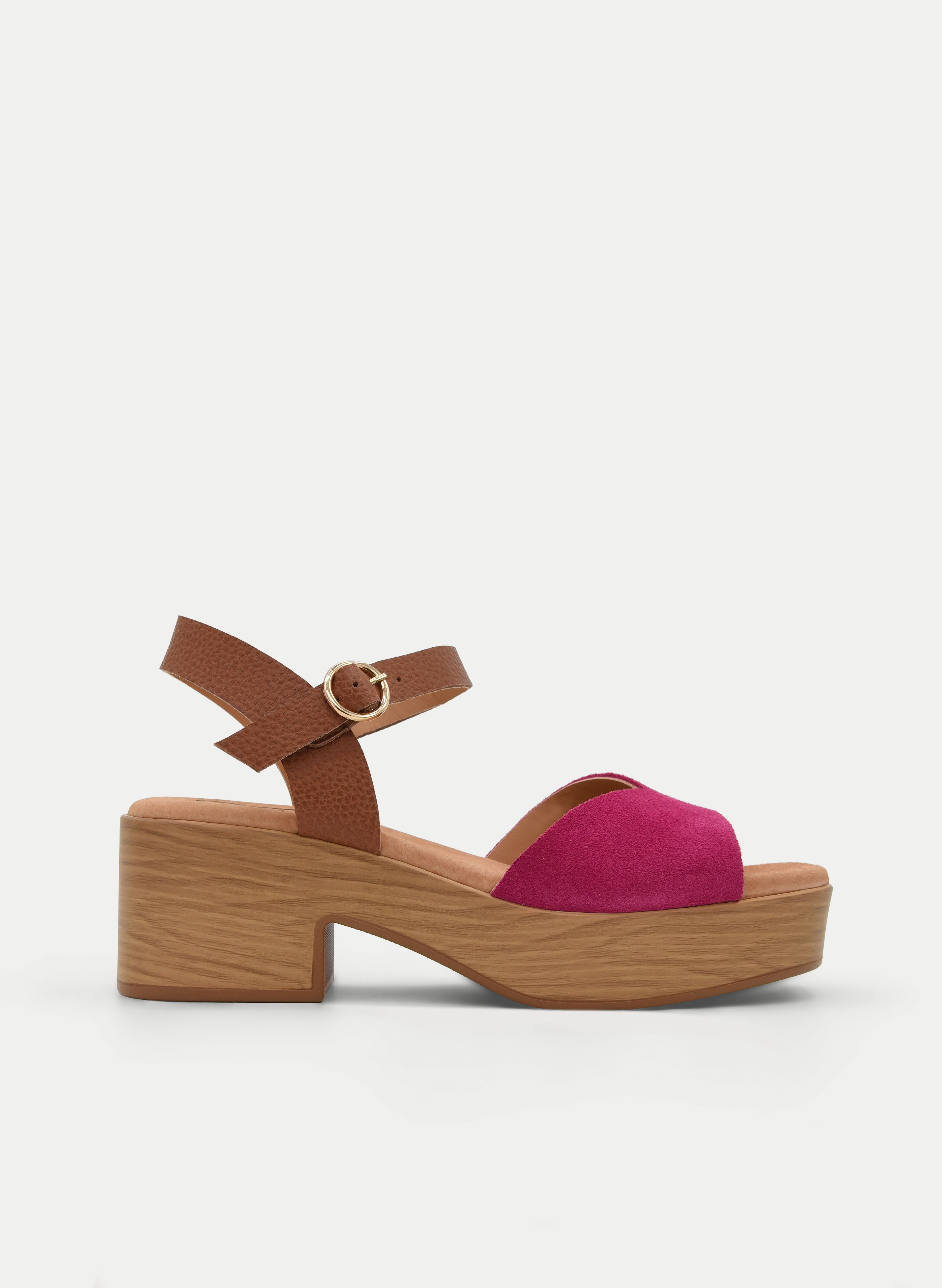 FUCHSIA LEATHER SANDAL WITH ANKLE STRAP AND BLOCK HEEL