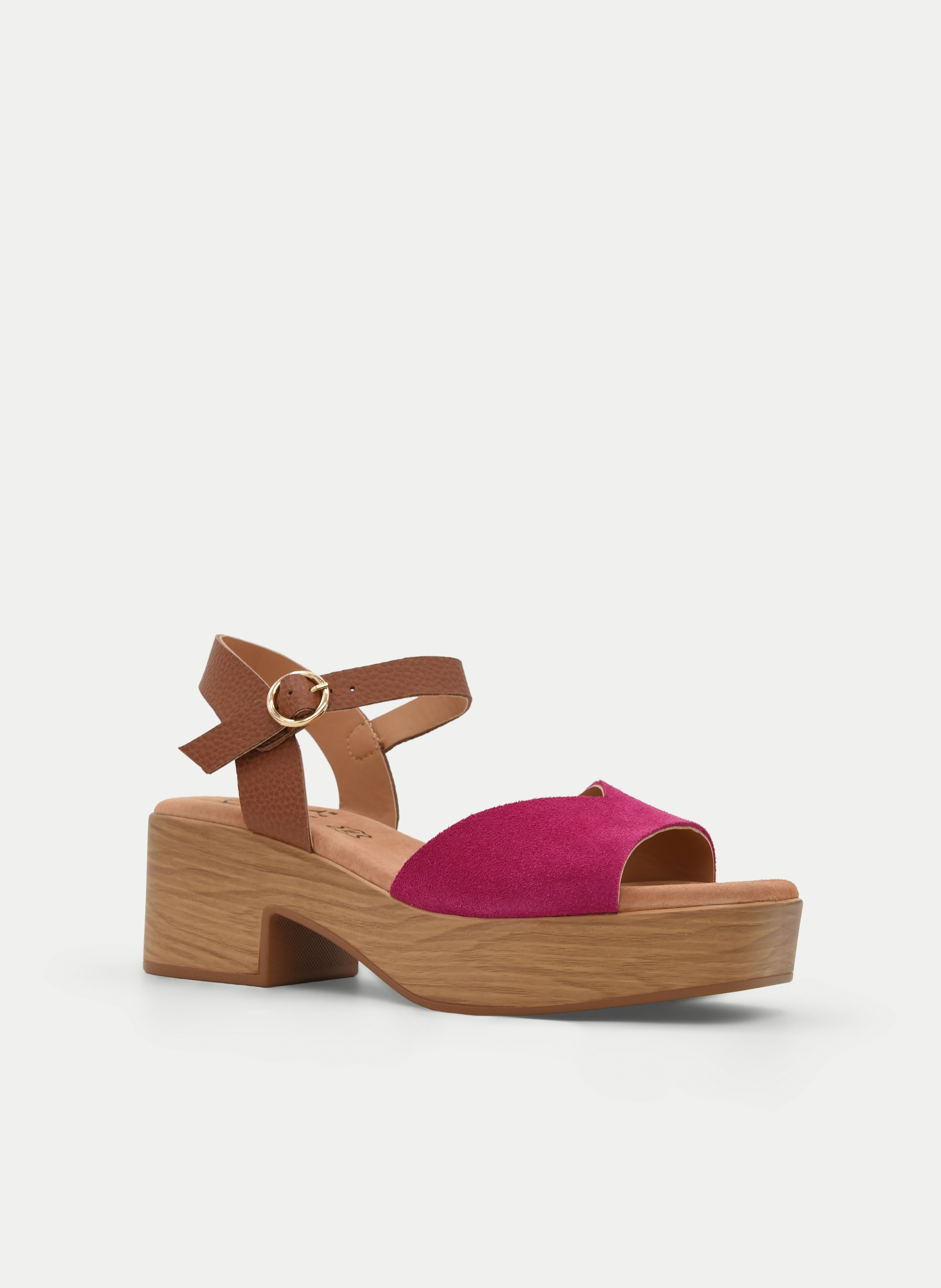 FUCHSIA LEATHER SANDAL WITH ANKLE STRAP AND BLOCK HEEL