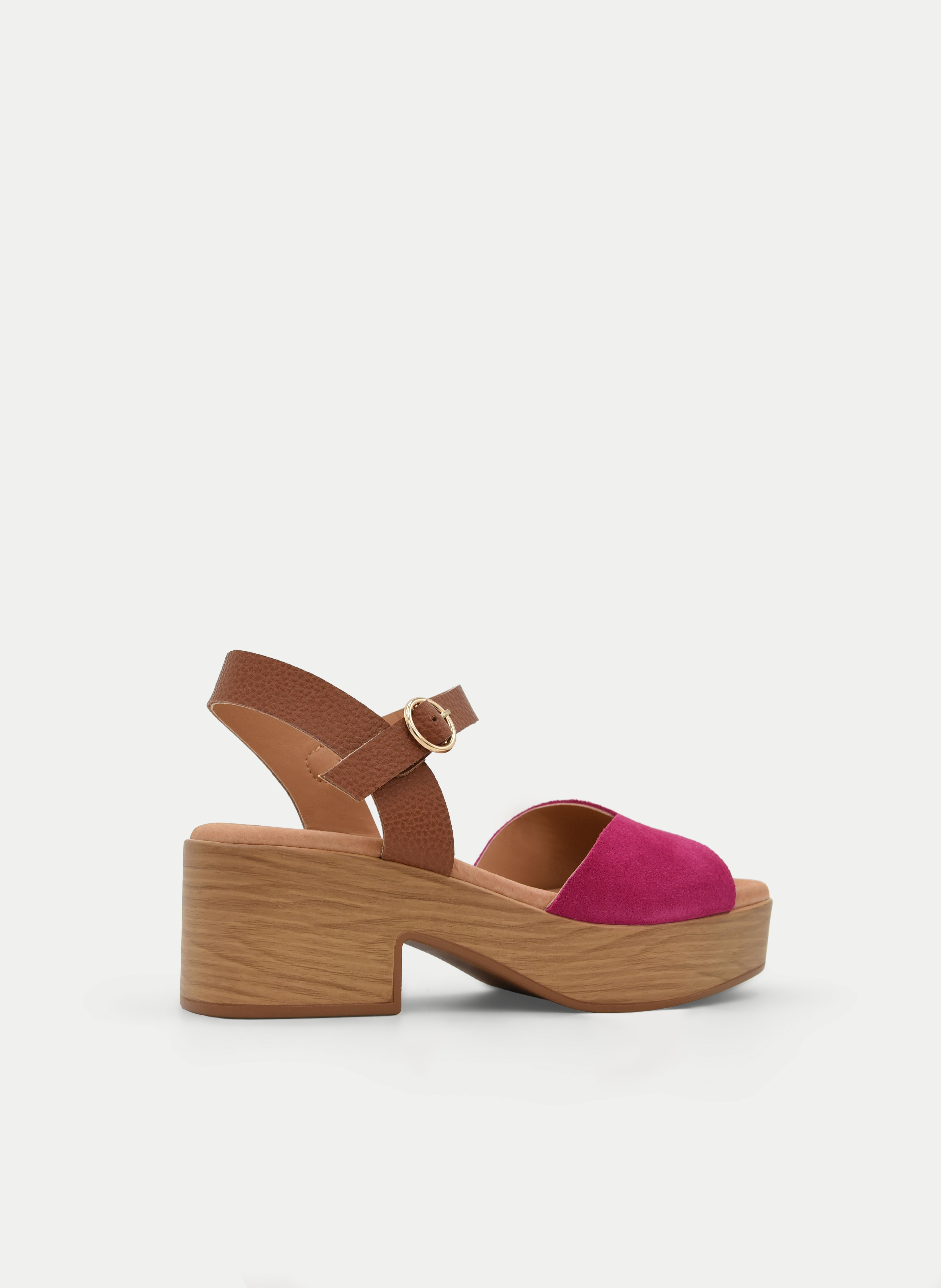FUCHSIA LEATHER SANDAL WITH ANKLE STRAP AND BLOCK HEEL