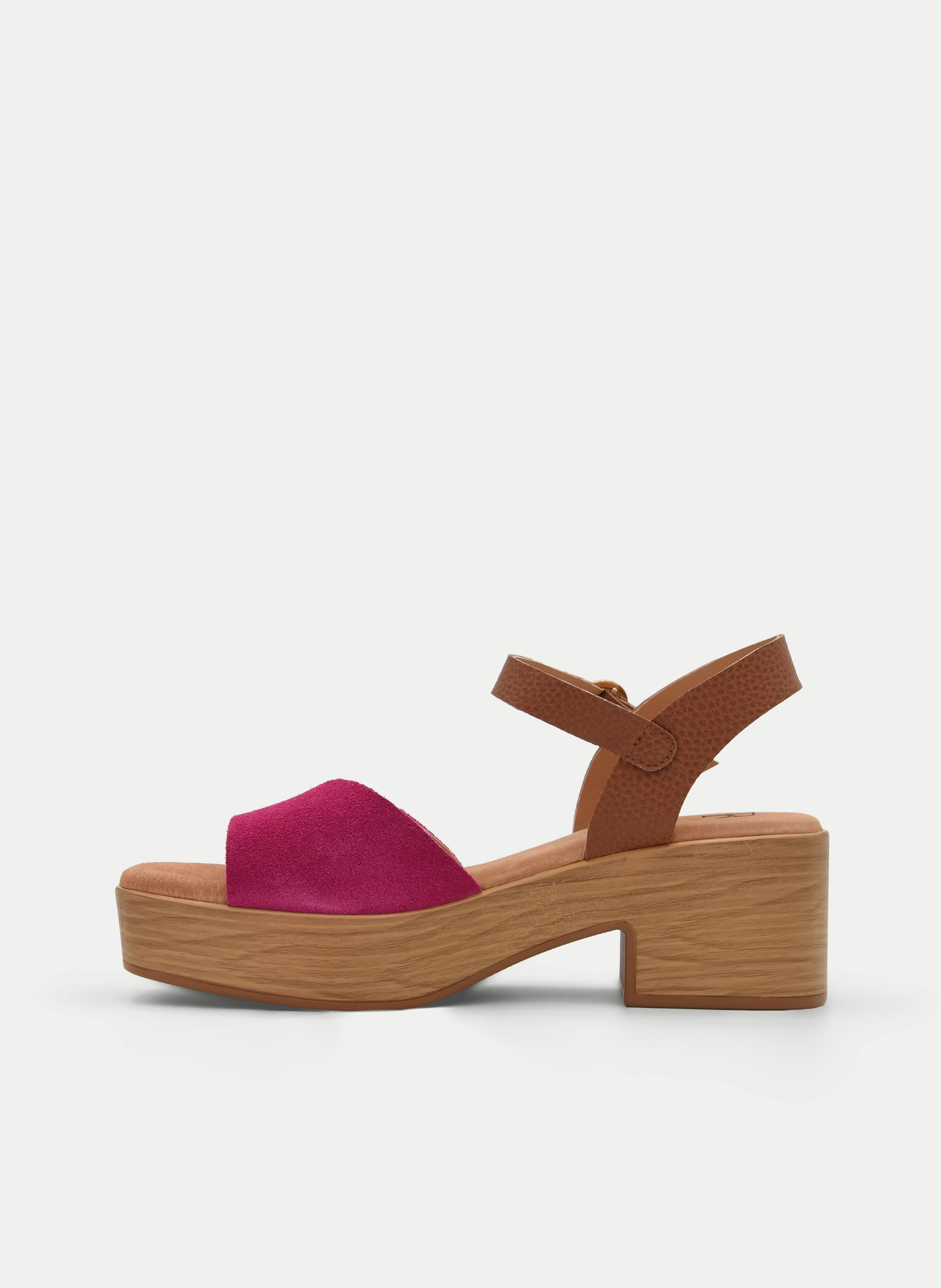 FUCHSIA LEATHER SANDAL WITH ANKLE STRAP AND BLOCK HEEL