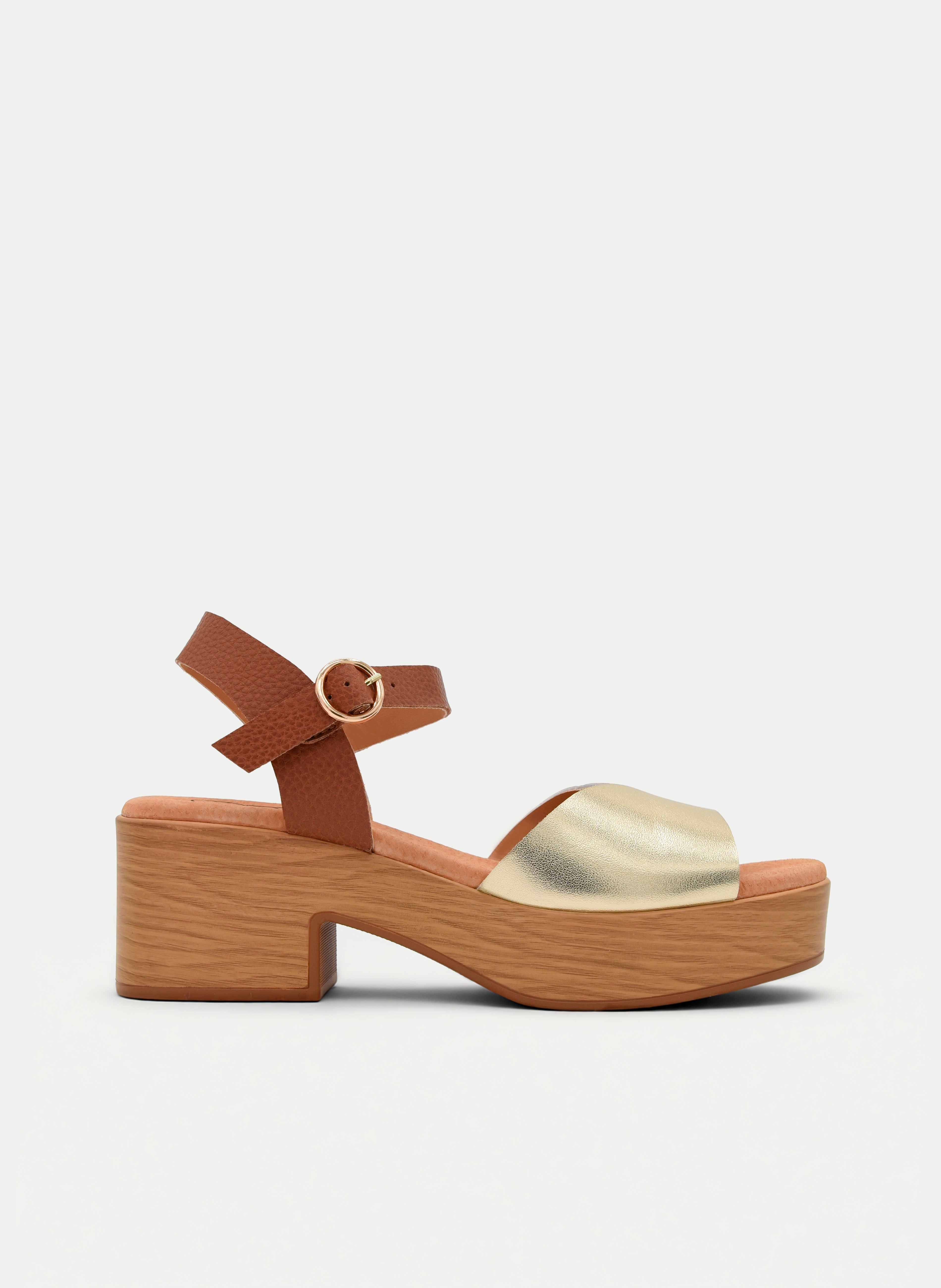 SANDALIAS DE TACÓN ANCHO DORADAS Y CUERO DE PIEL