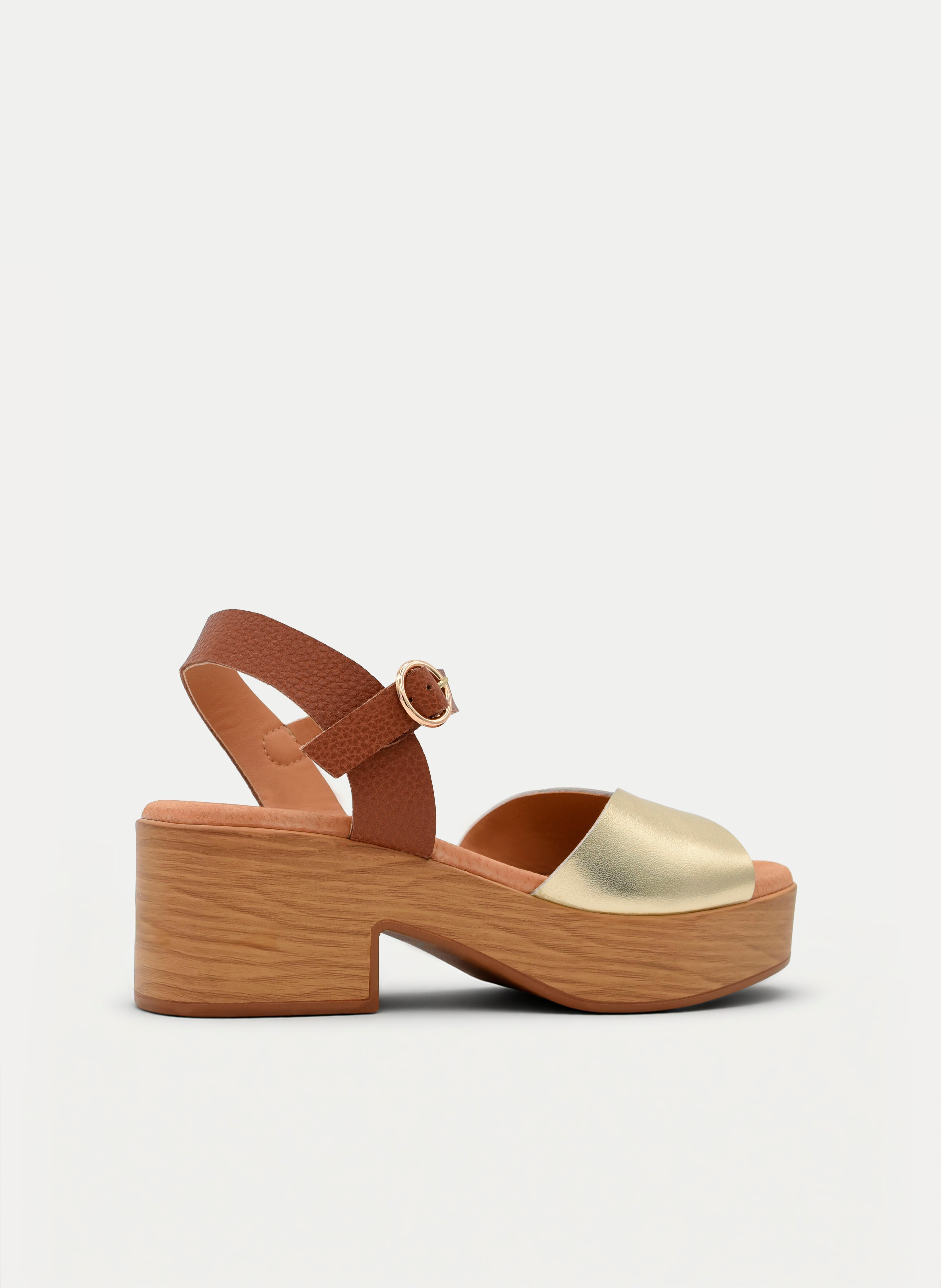SANDALIAS DE TACÓN ANCHO DORADAS Y CUERO DE PIEL