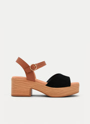 BLACK LEATHER SANDALS WITH ANKLE STRAP AND BLOCK HEEL