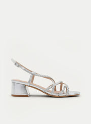 Silver braided strap sandals with a medium heel