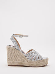 Silver high wedge sandals with braided straps