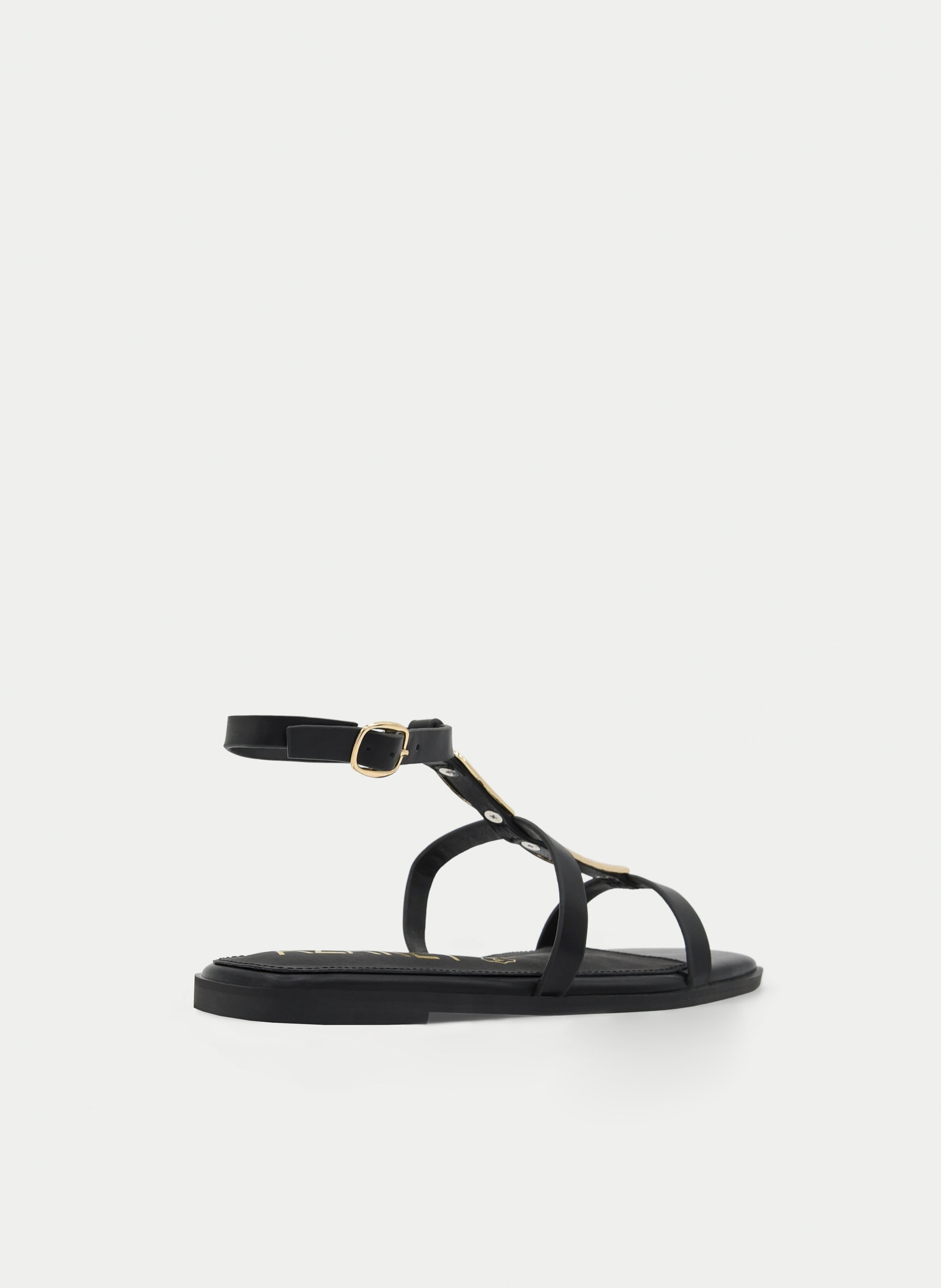 SANDALIAS PLANAS NEGRAS DORADAS