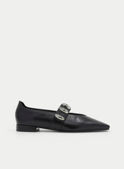 BLACK BALLERINA FLATS WITH A POINTED TOE, STRAP, AND DETAIL