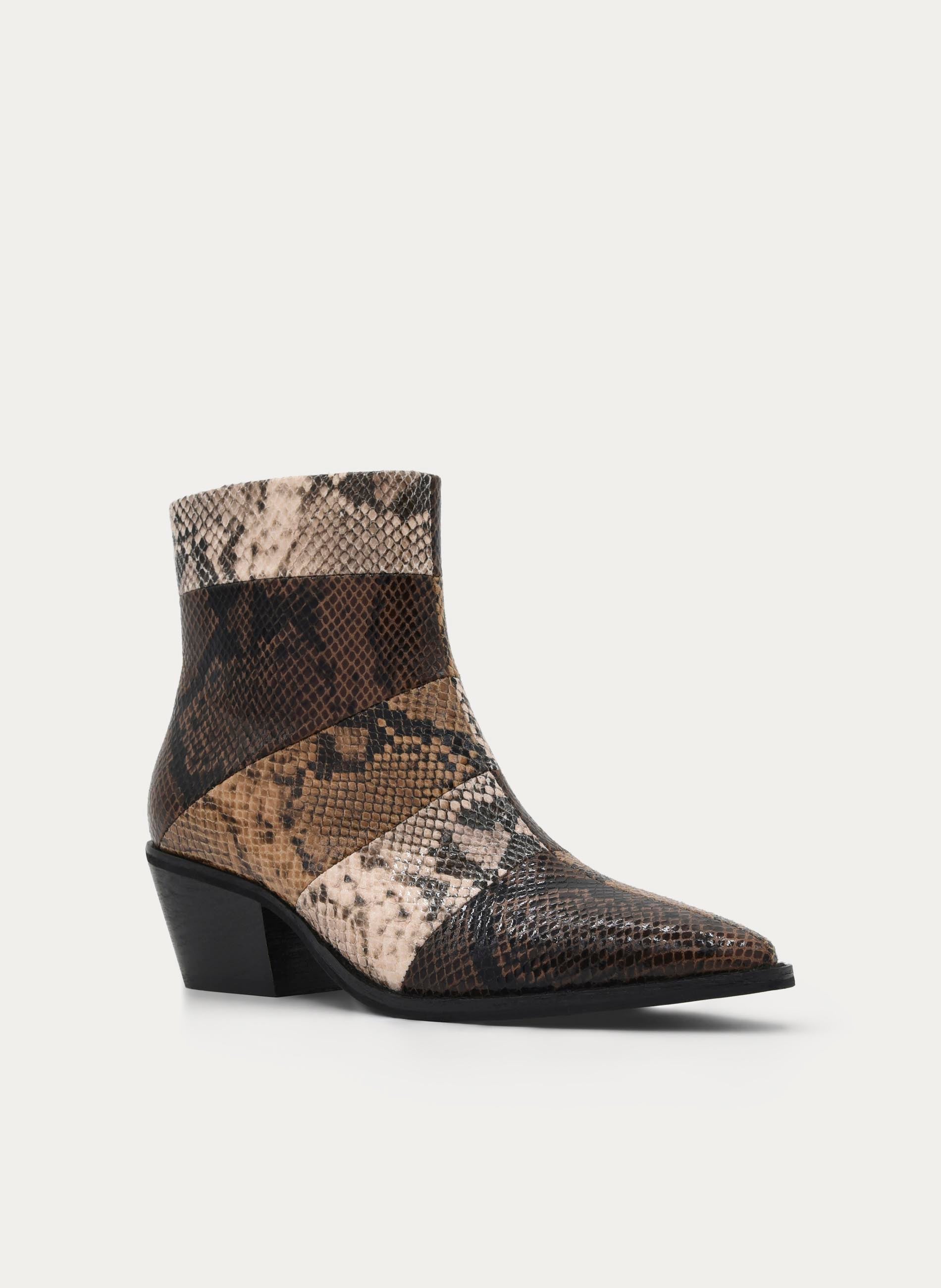 SNAKESKIN EFFECT BROWN MEDIUM HEEL ANKLE BOOTS