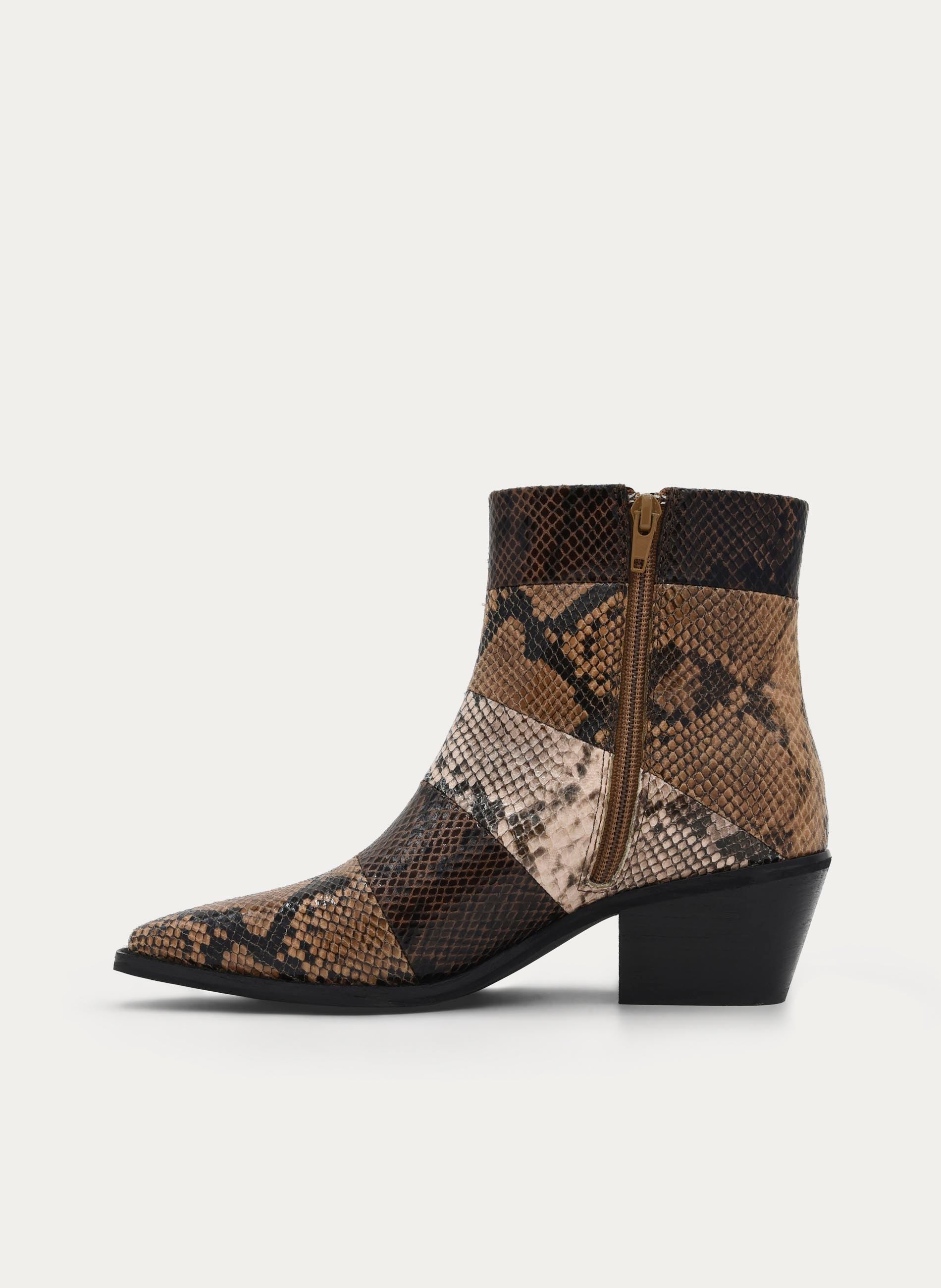 SNAKESKIN EFFECT BROWN MEDIUM HEEL ANKLE BOOTS