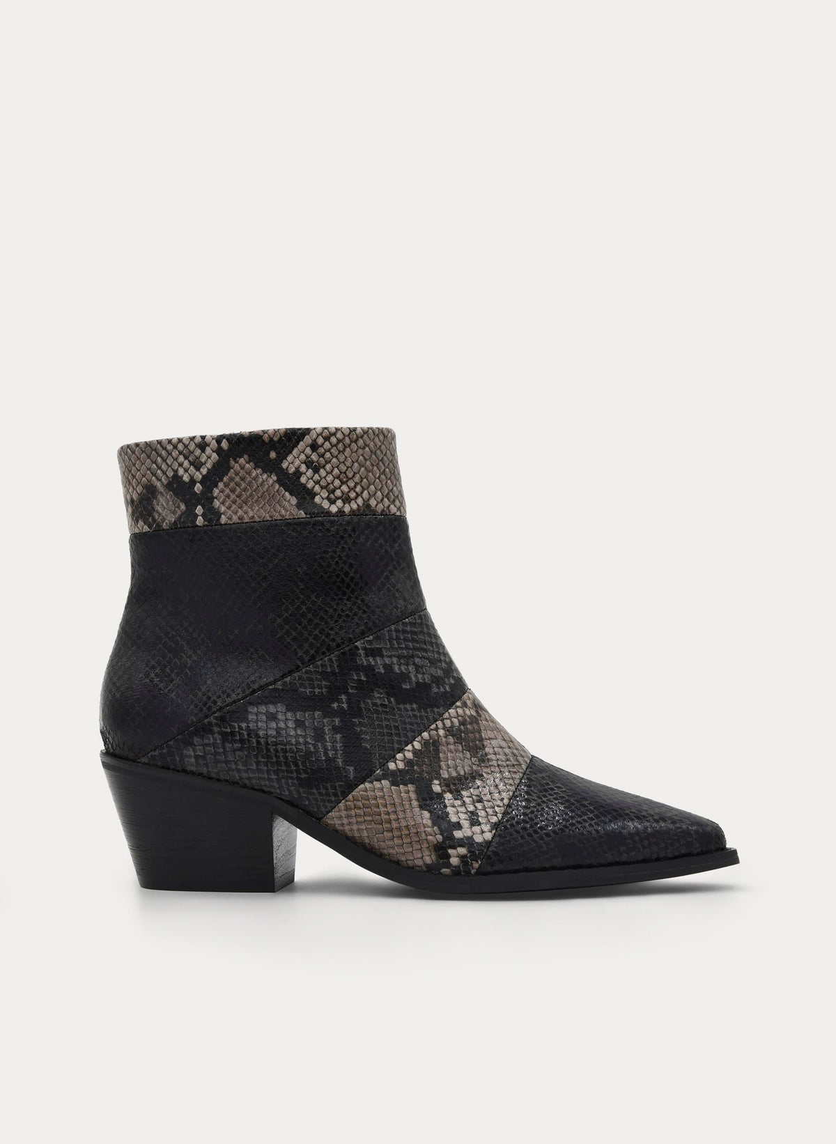 BLACK SNAKESKIN EFFECT MID-HEEL ANKLE BOOTS