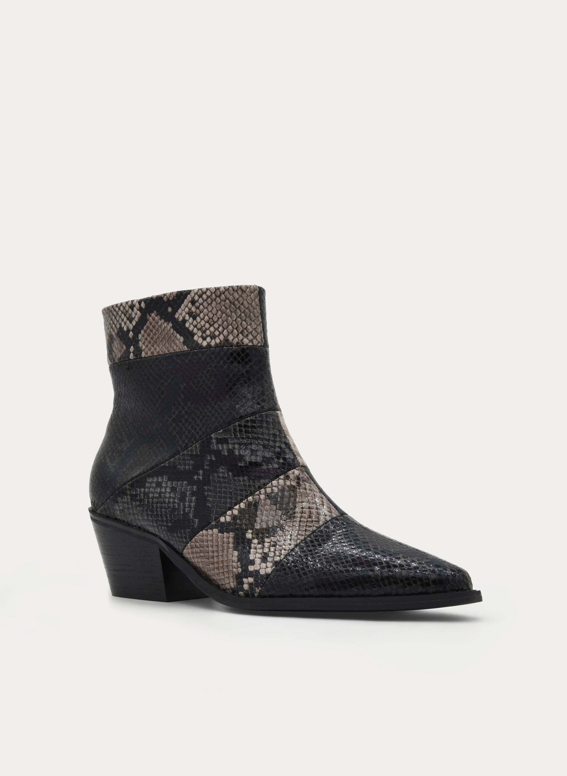 BLACK SNAKESKIN EFFECT MID-HEEL ANKLE BOOTS