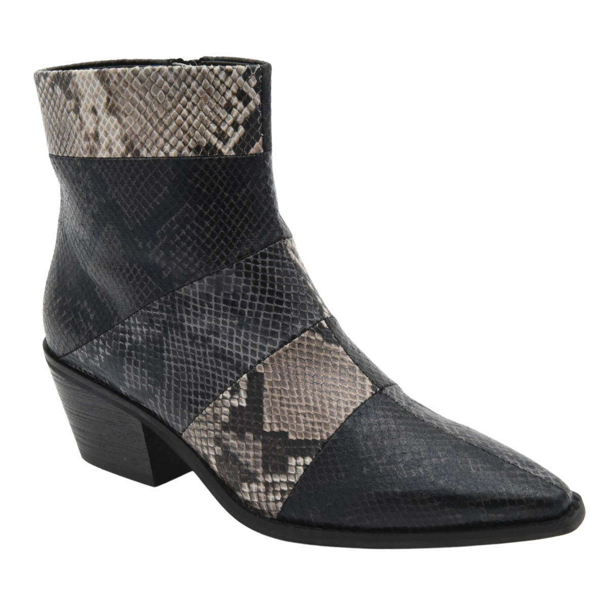 BLACK SNAKESKIN EFFECT MID-HEEL ANKLE BOOTS