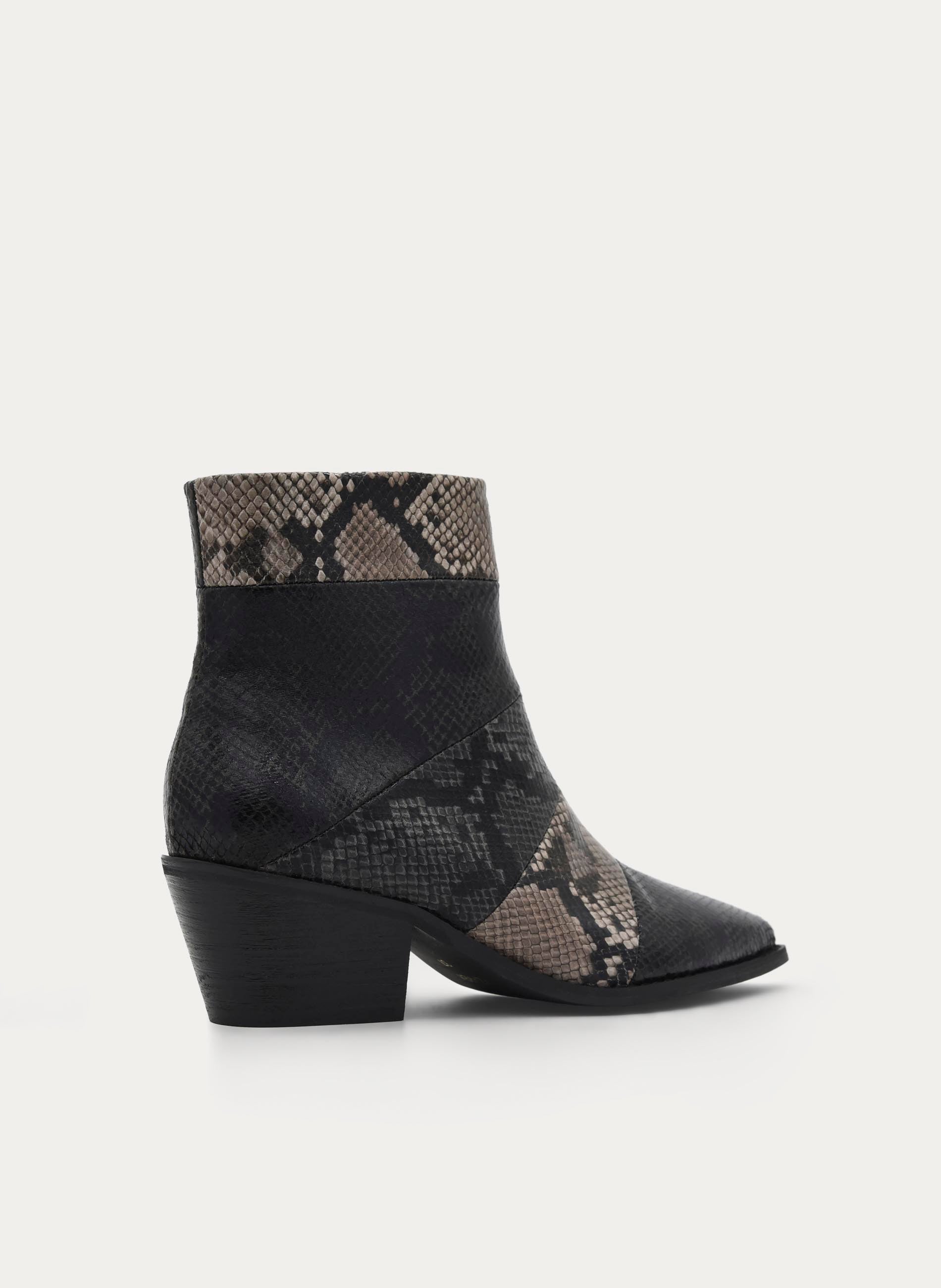 BLACK SNAKESKIN EFFECT MID-HEEL ANKLE BOOTS