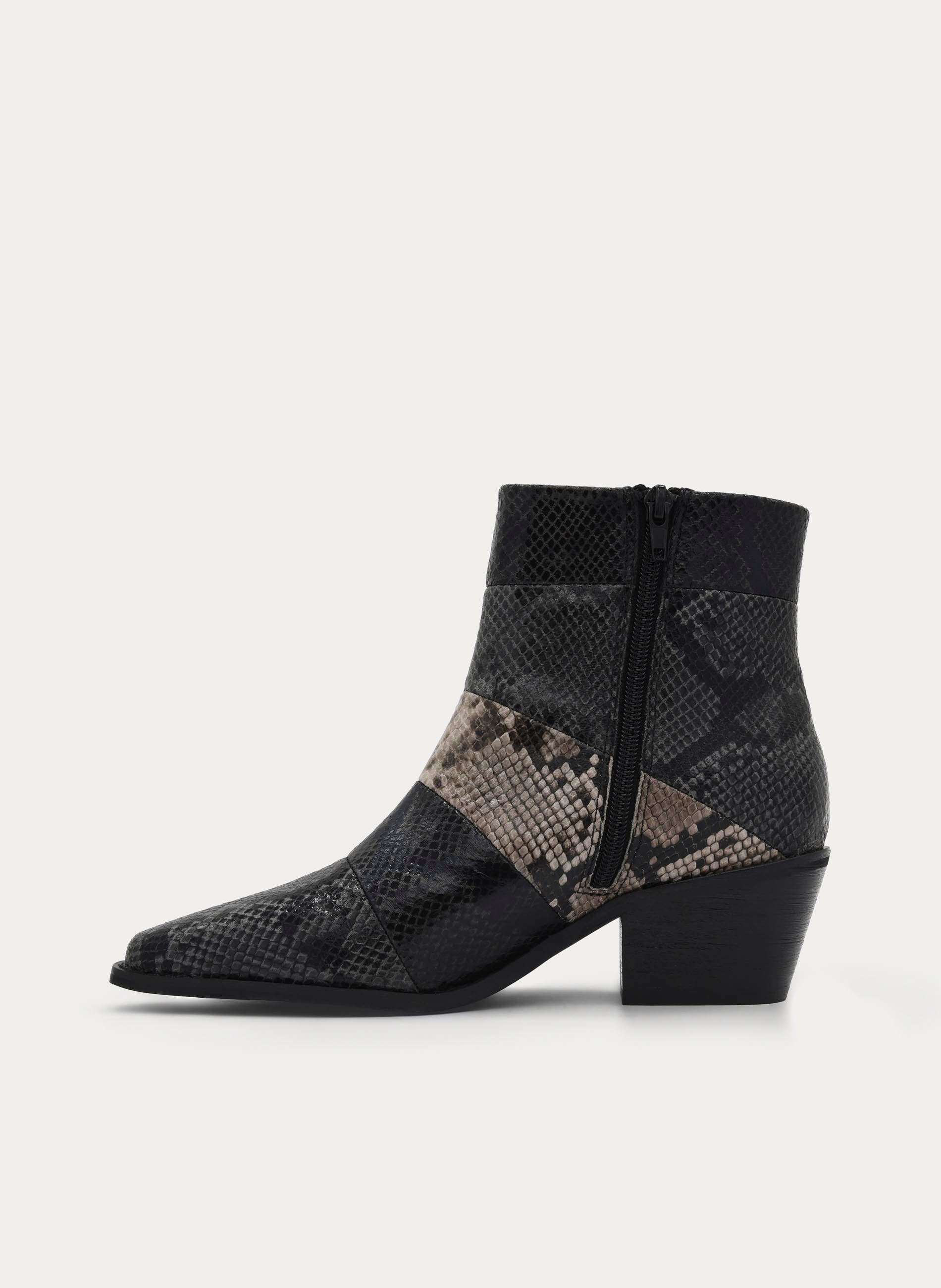 BLACK SNAKESKIN EFFECT MID-HEEL ANKLE BOOTS