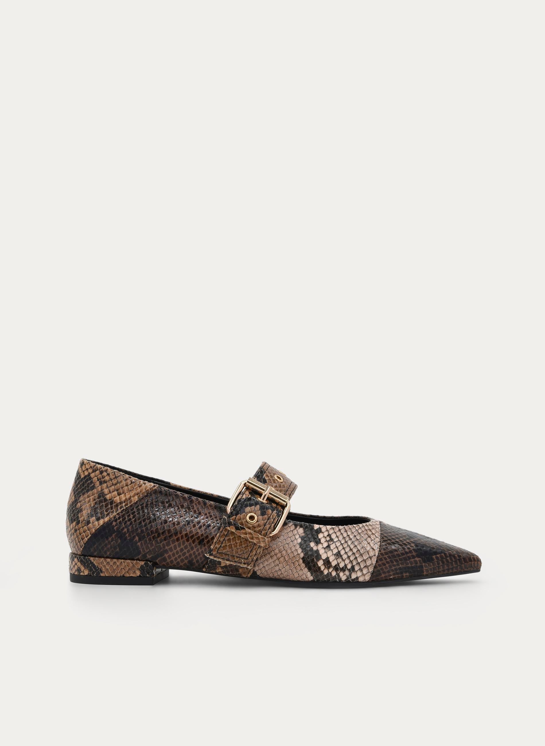 LOW HEELED BROWN SNAKE EFFECT BUCKLE SHOE