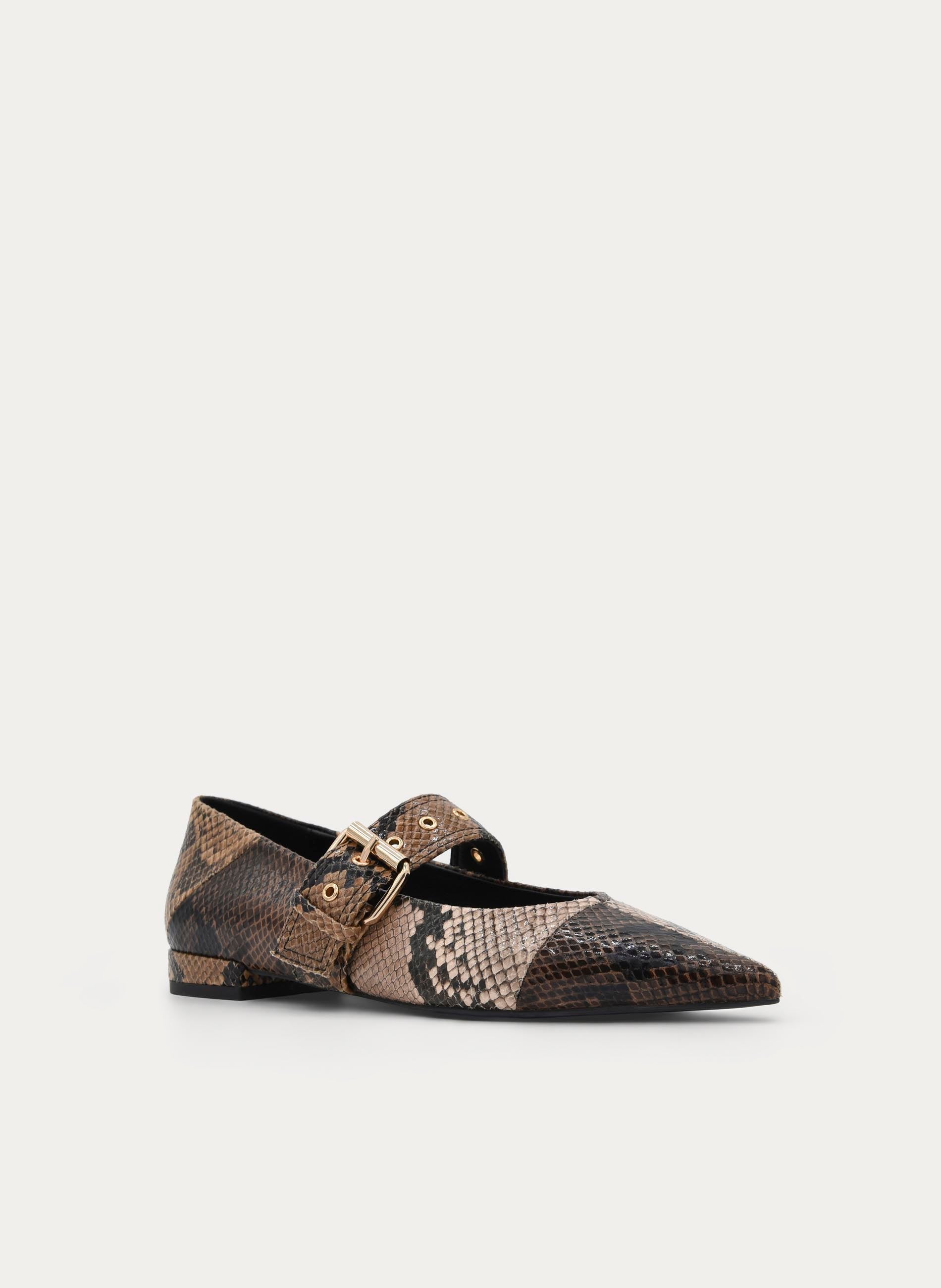 LOW HEELED BROWN SNAKE EFFECT BUCKLE SHOE
