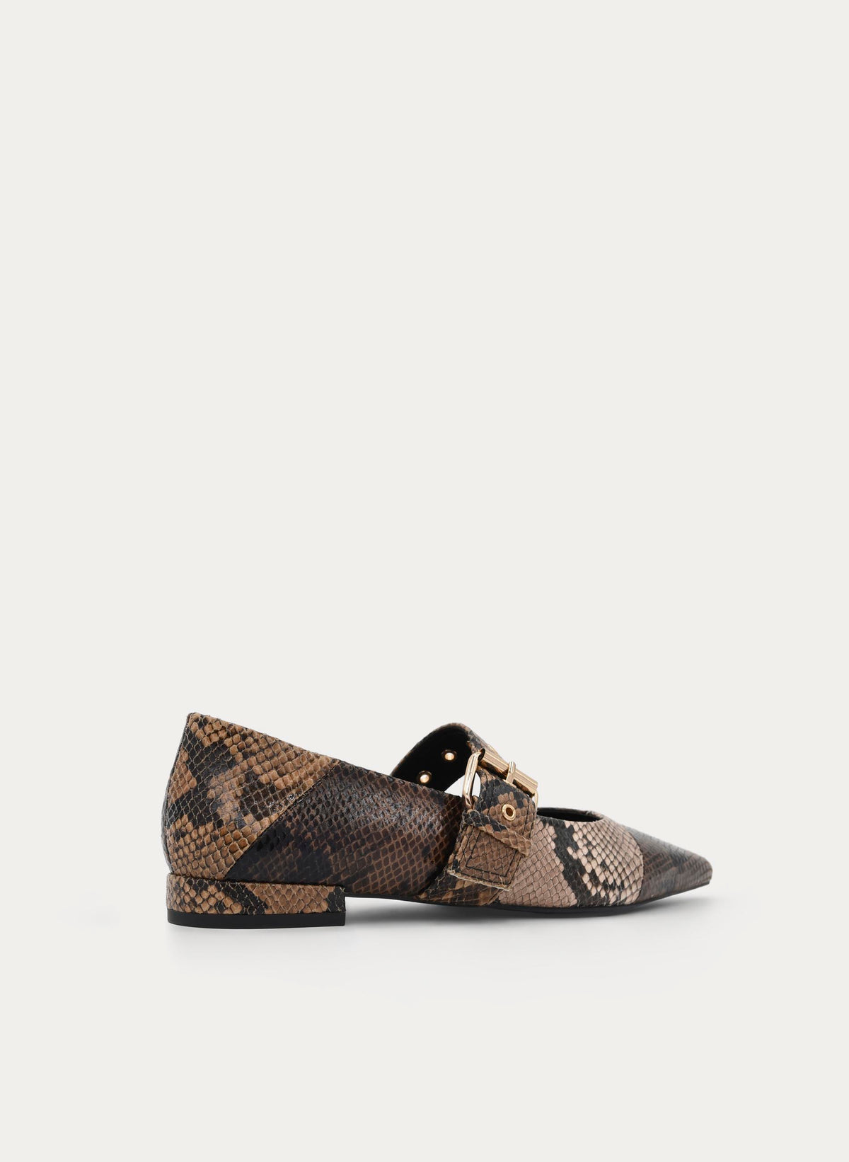 LOW HEELED BROWN SNAKE EFFECT BUCKLE SHOE