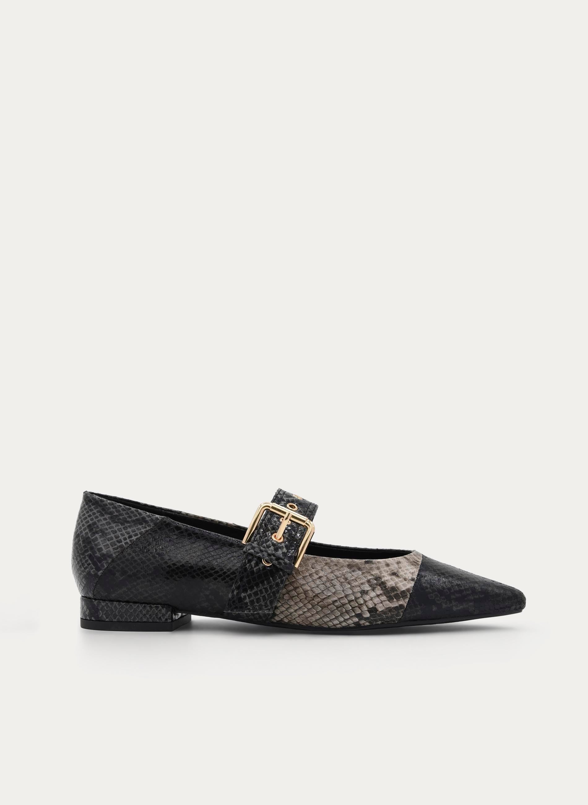 BLACK SNAKE EFFECT LOW HEEL SHOE WITH BUCKLE