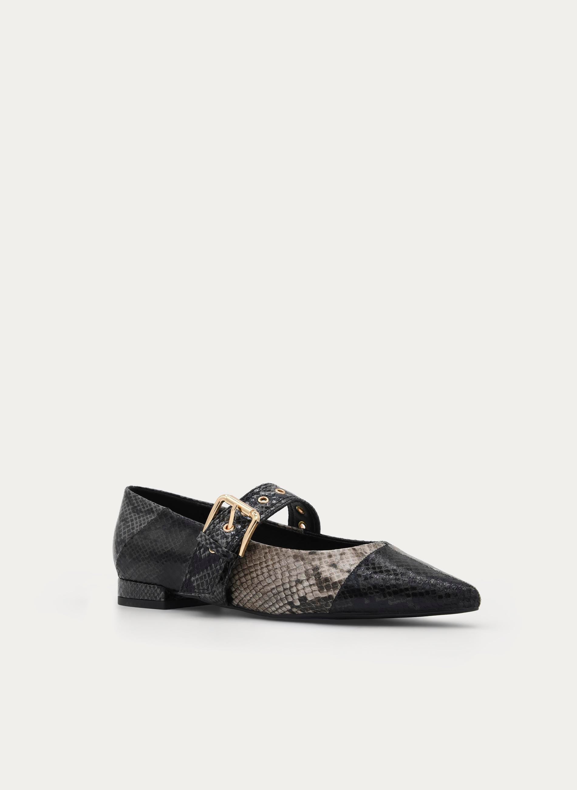 BLACK SNAKE EFFECT LOW HEEL SHOE WITH BUCKLE